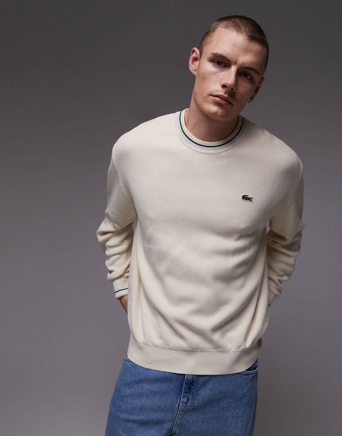 Lacoste long sleeve crewneck jumper in white with piping detail