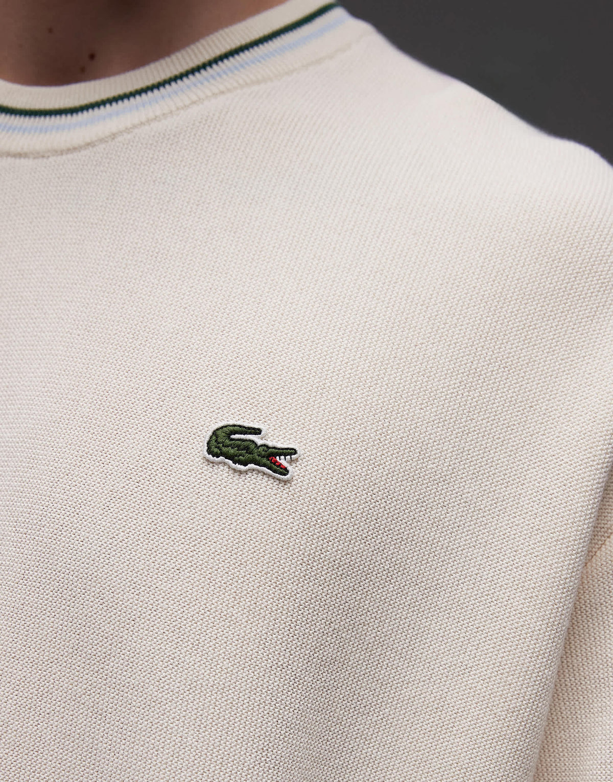 Lacoste long sleeve crewneck jumper in white with piping detail