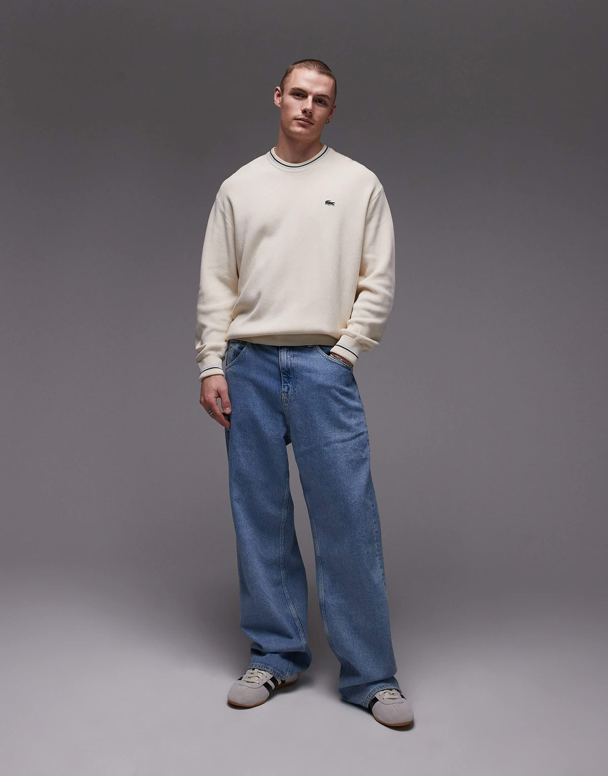 Lacoste long sleeve crewneck jumper in white with piping detail