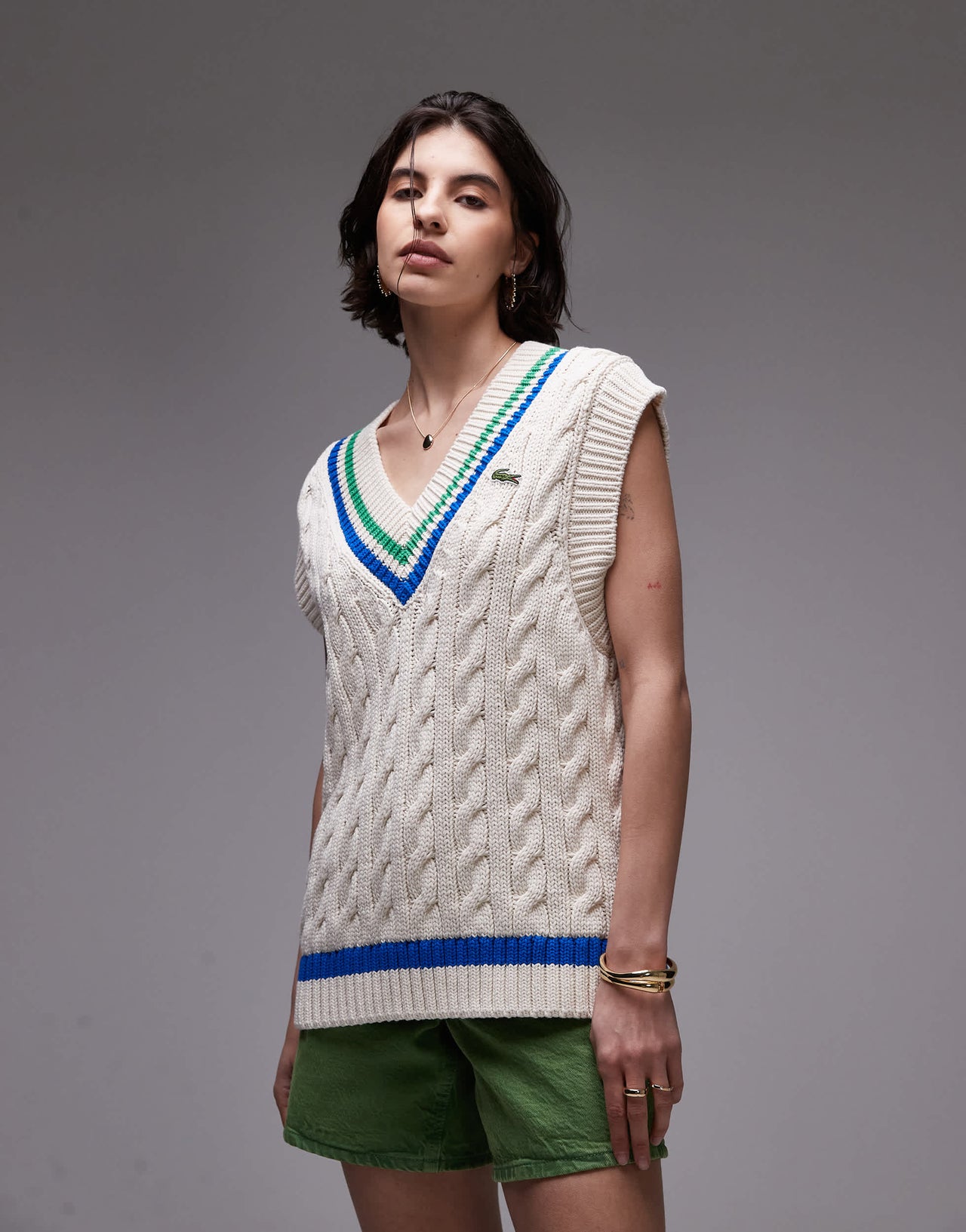 Lacoste oversized knitted cricket vest in off white