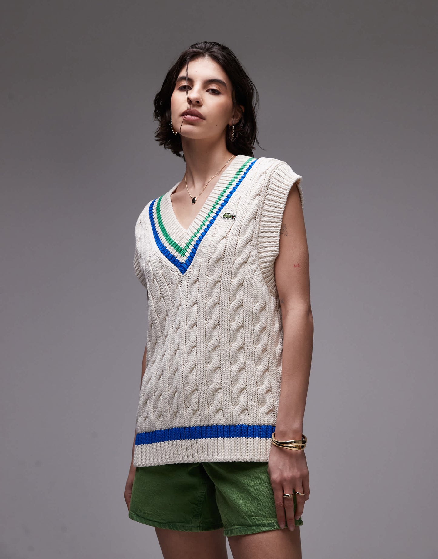 Lacoste oversized knitted cricket vest in off white