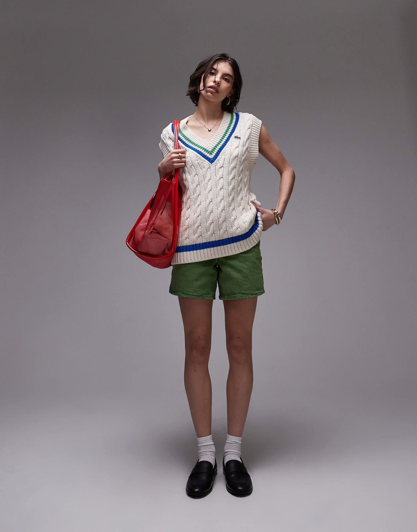 Lacoste oversized knitted cricket vest in off white