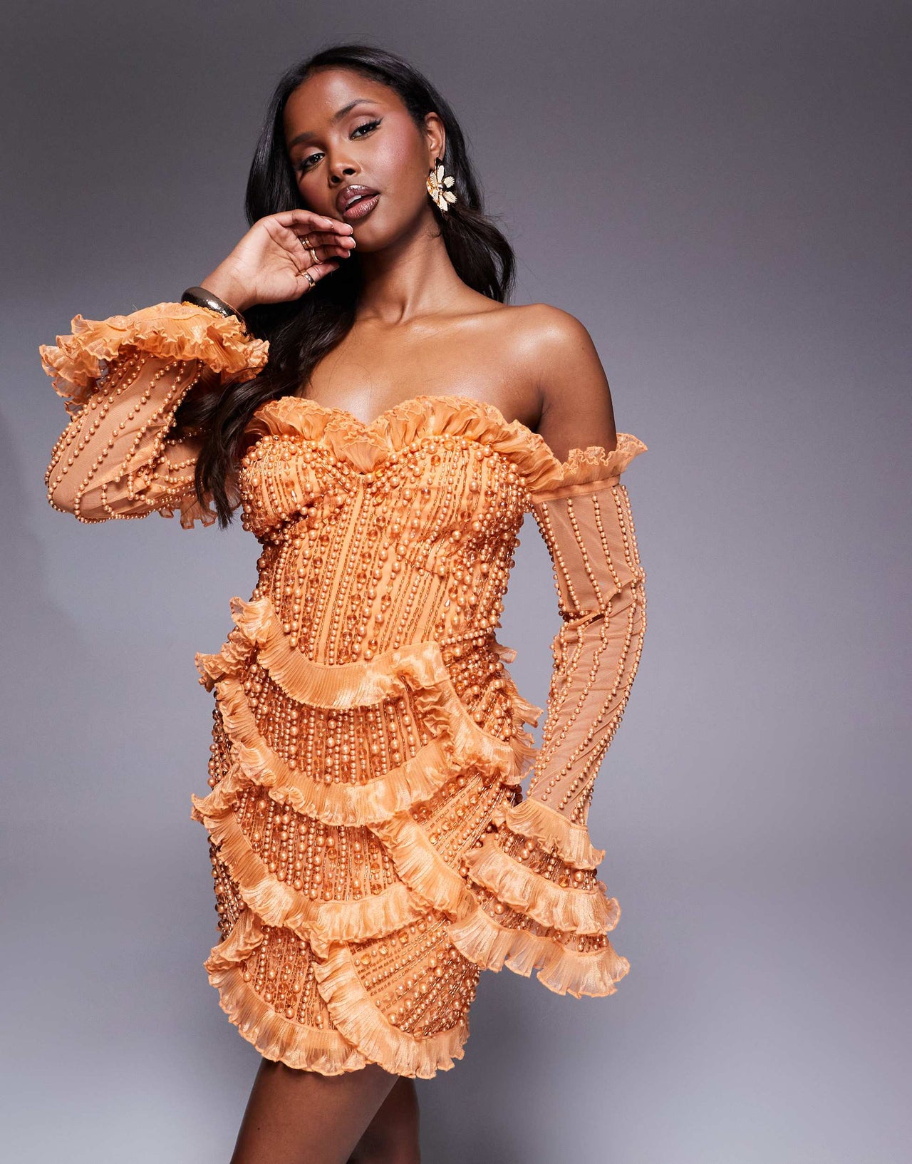 ASOS LUXE gem embellished off shoulder mini dress with scallop hem in orange