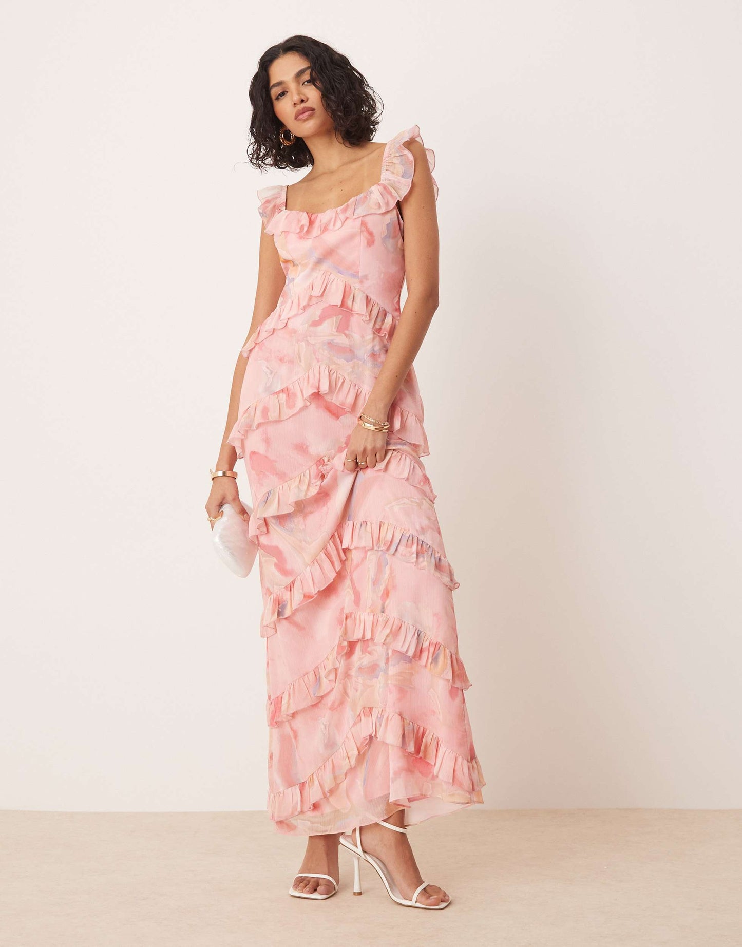 Pretty Lavish scoop neck ruffle maxi dress in pink and brown marble