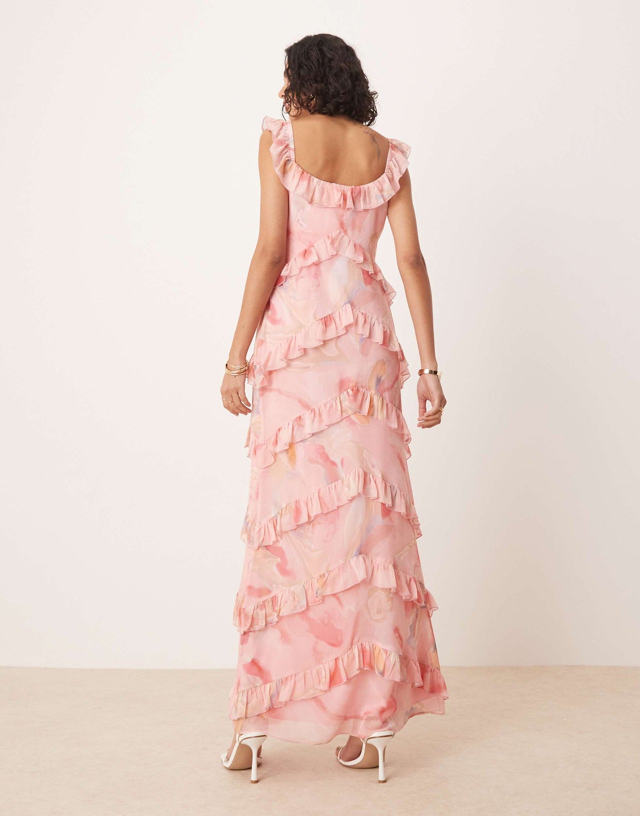 Pretty Lavish scoop neck ruffle maxi dress in pink and brown marble