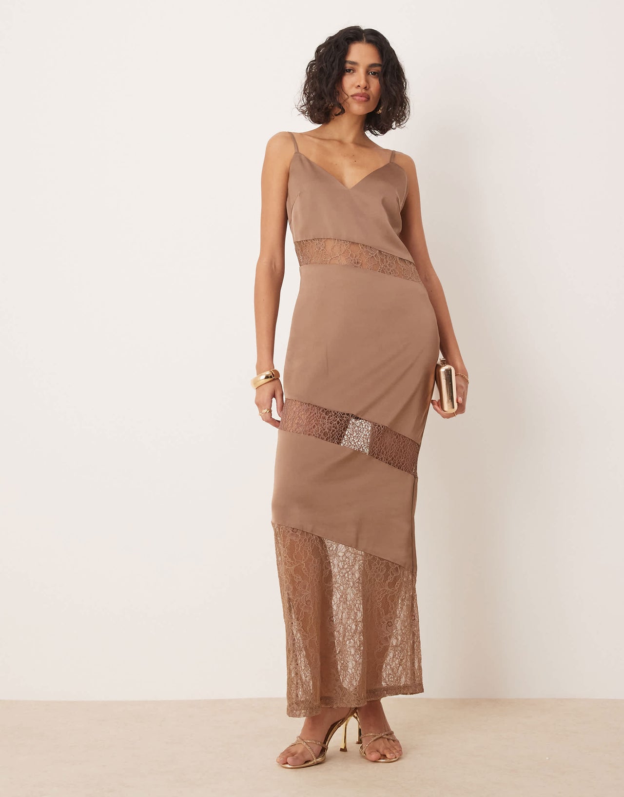 Pretty Lavish lace insert slip maxi dress in mocha
