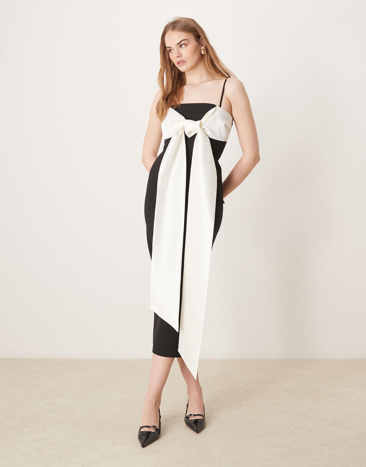 Pretty Lavish extreme contrast bow midaxi dress in black and cream