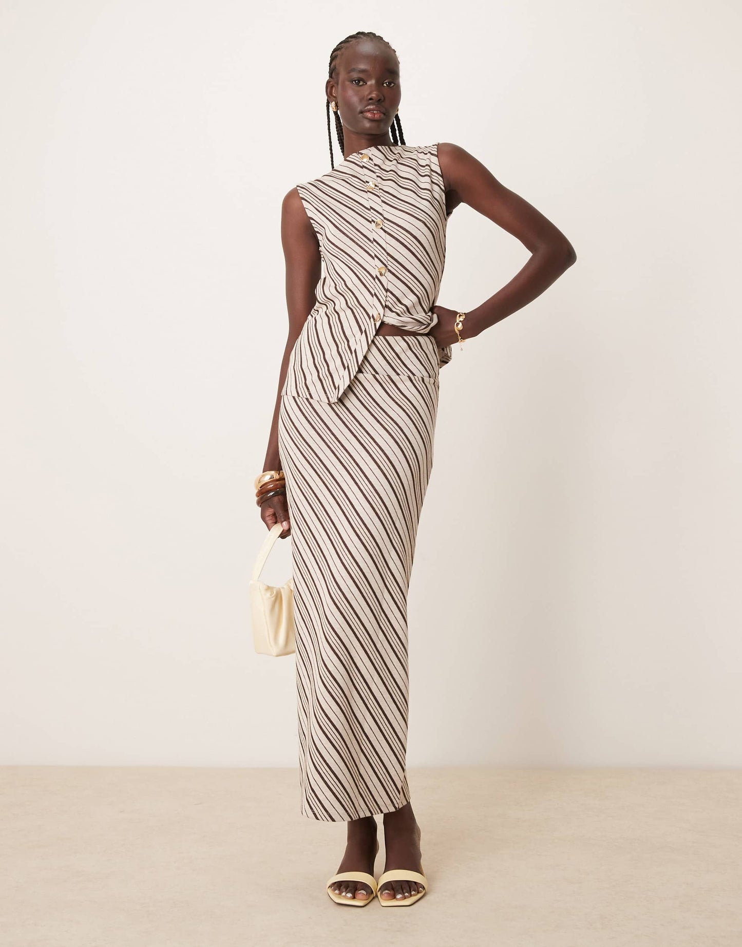 Pretty Lavish asymmetric stripe jersey maxi skirt co-ord in brown and cream