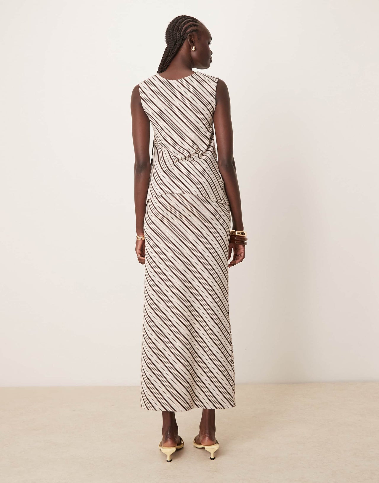 Pretty Lavish asymmetric stripe jersey maxi skirt co-ord in brown and cream