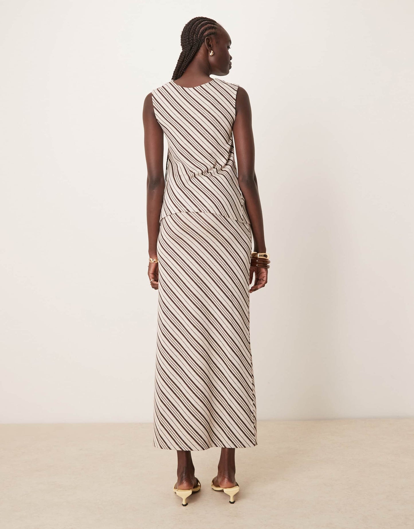 Pretty Lavish asymmetric stripe jersey maxi skirt co-ord in brown and cream