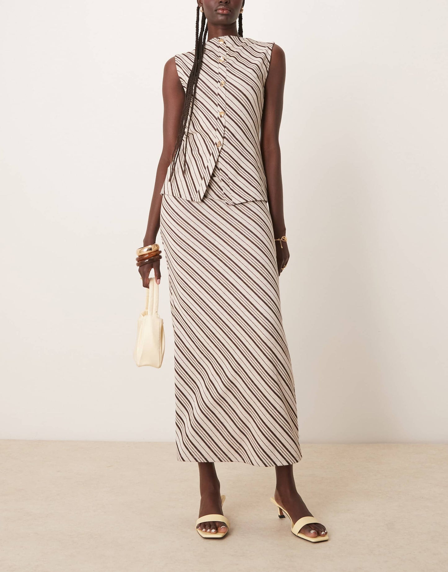 Pretty Lavish asymmetric stripe jersey maxi skirt co-ord in brown and cream
