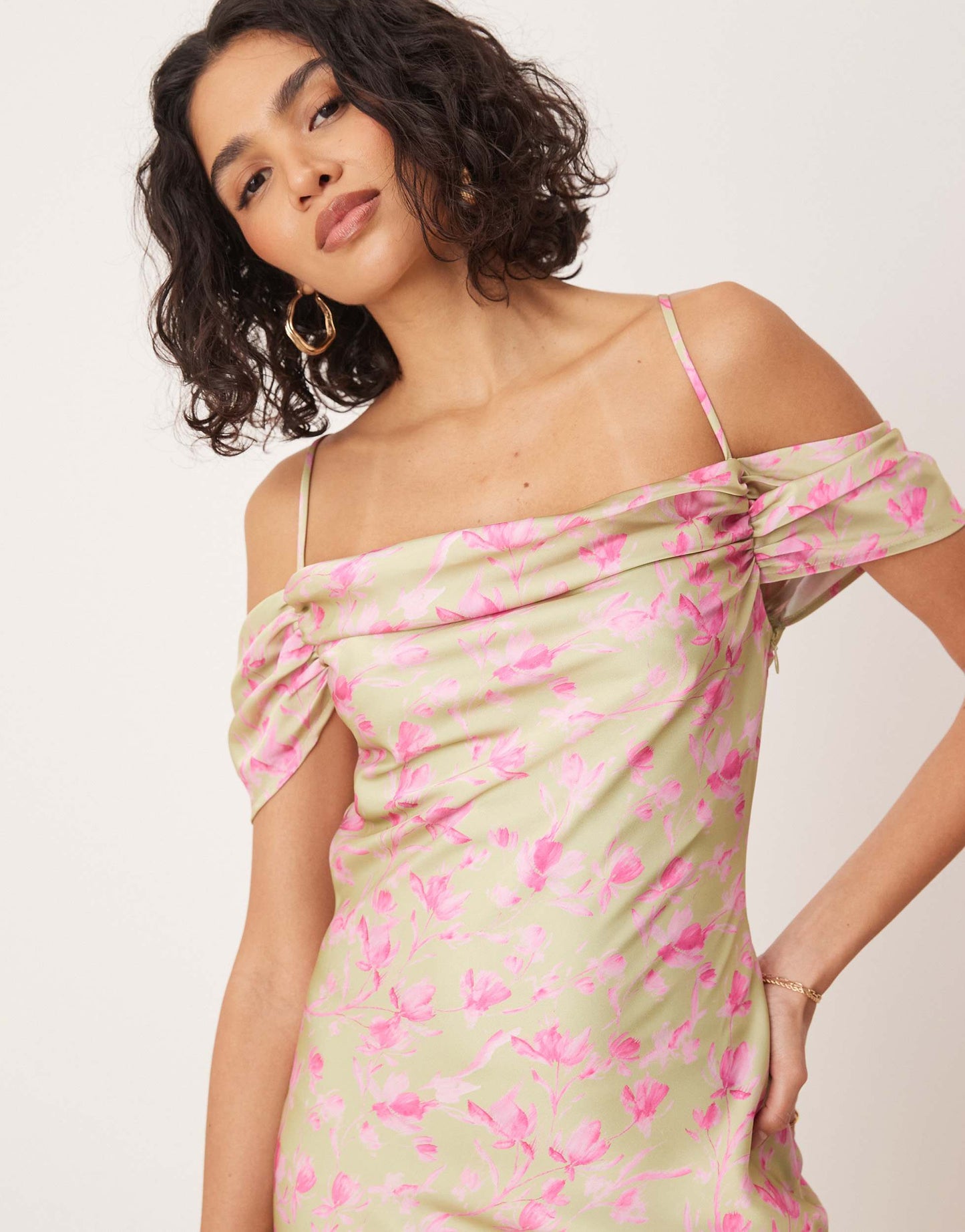 Pretty Lavish cowl neck slip maxi dress in olive and fuchsia floral