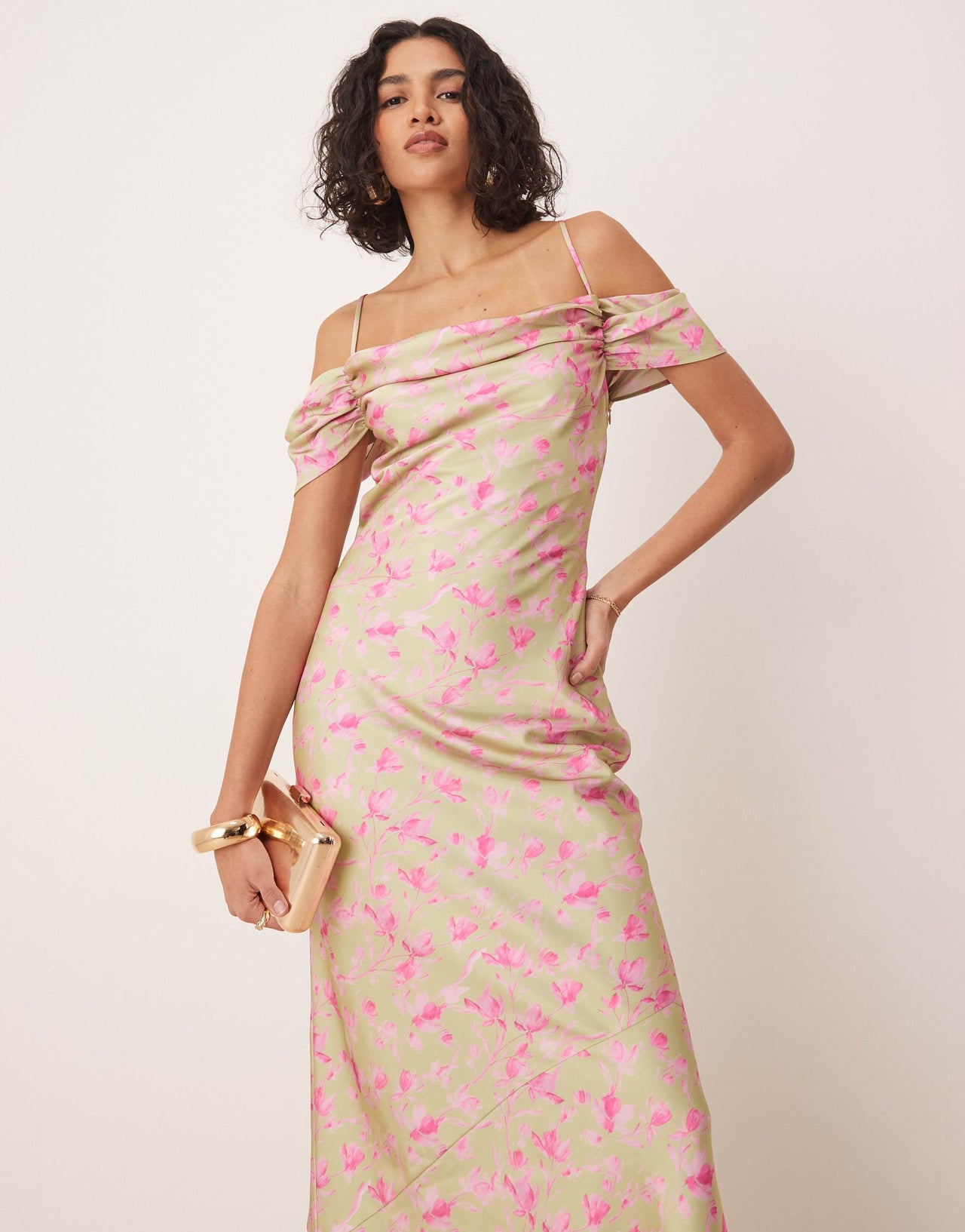 Pretty Lavish cowl neck slip maxi dress in olive and fuchsia floral