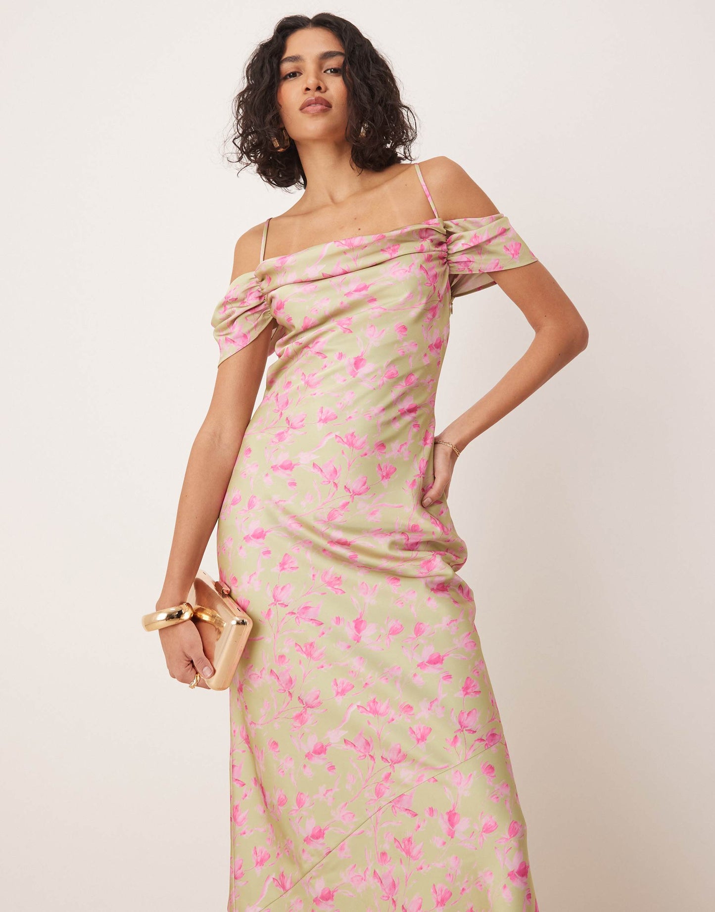 Pretty Lavish cowl neck slip maxi dress in olive and fuchsia floral