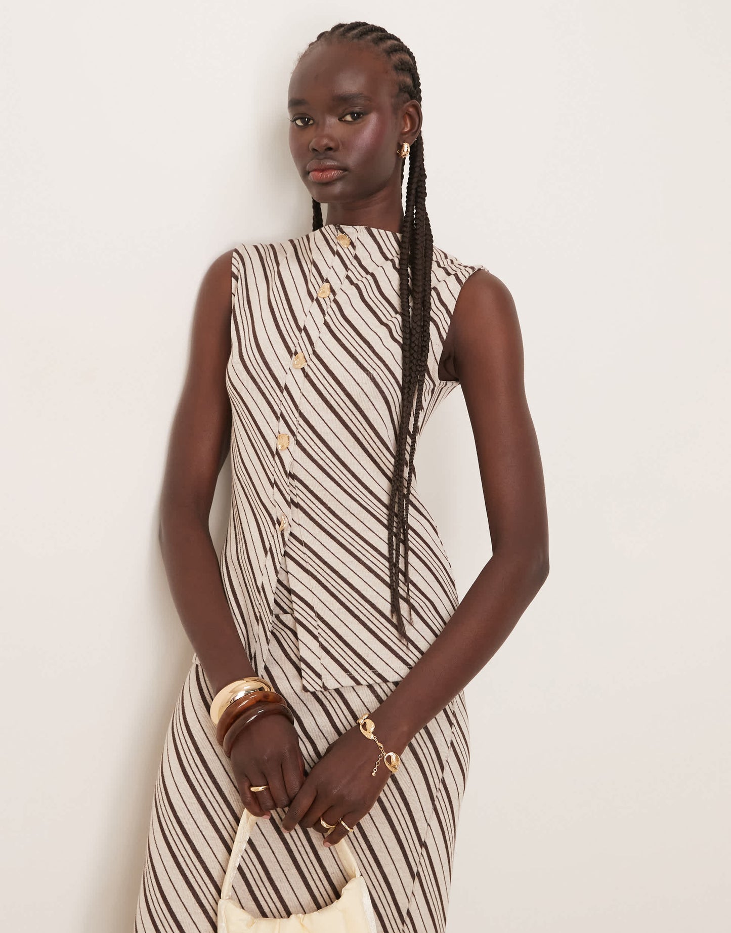 Pretty Lavish asymmetric stripe jersey top co-ord in brown and cream