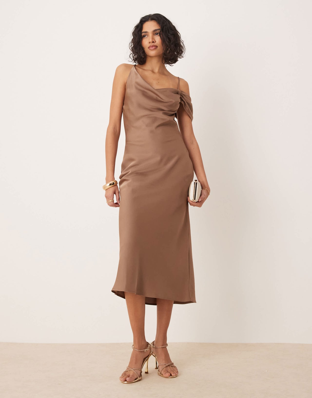 Pretty Lavish asymmetric cowl satin midaxi slip dress in mocha