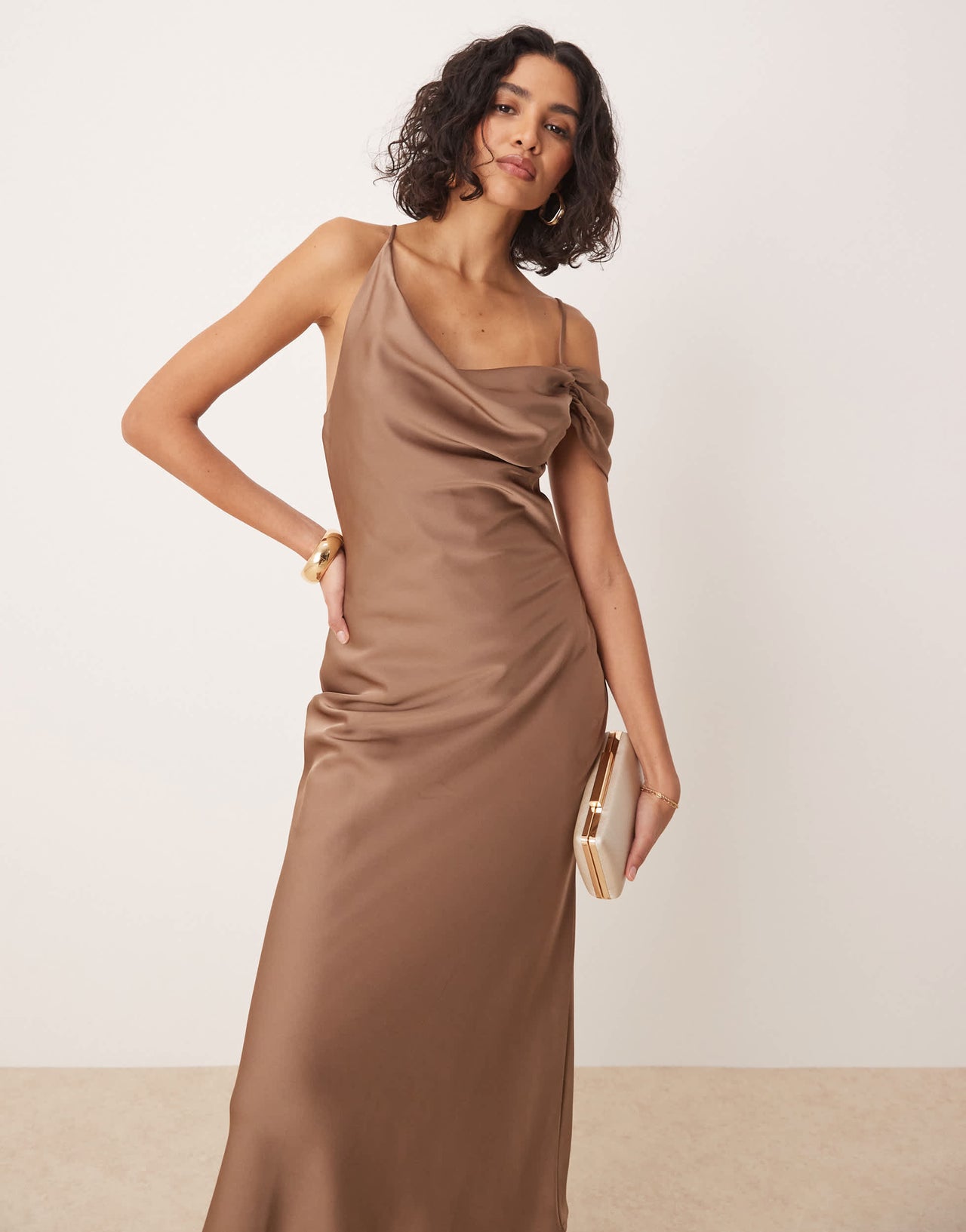 Pretty Lavish asymmetric cowl satin midaxi slip dress in mocha