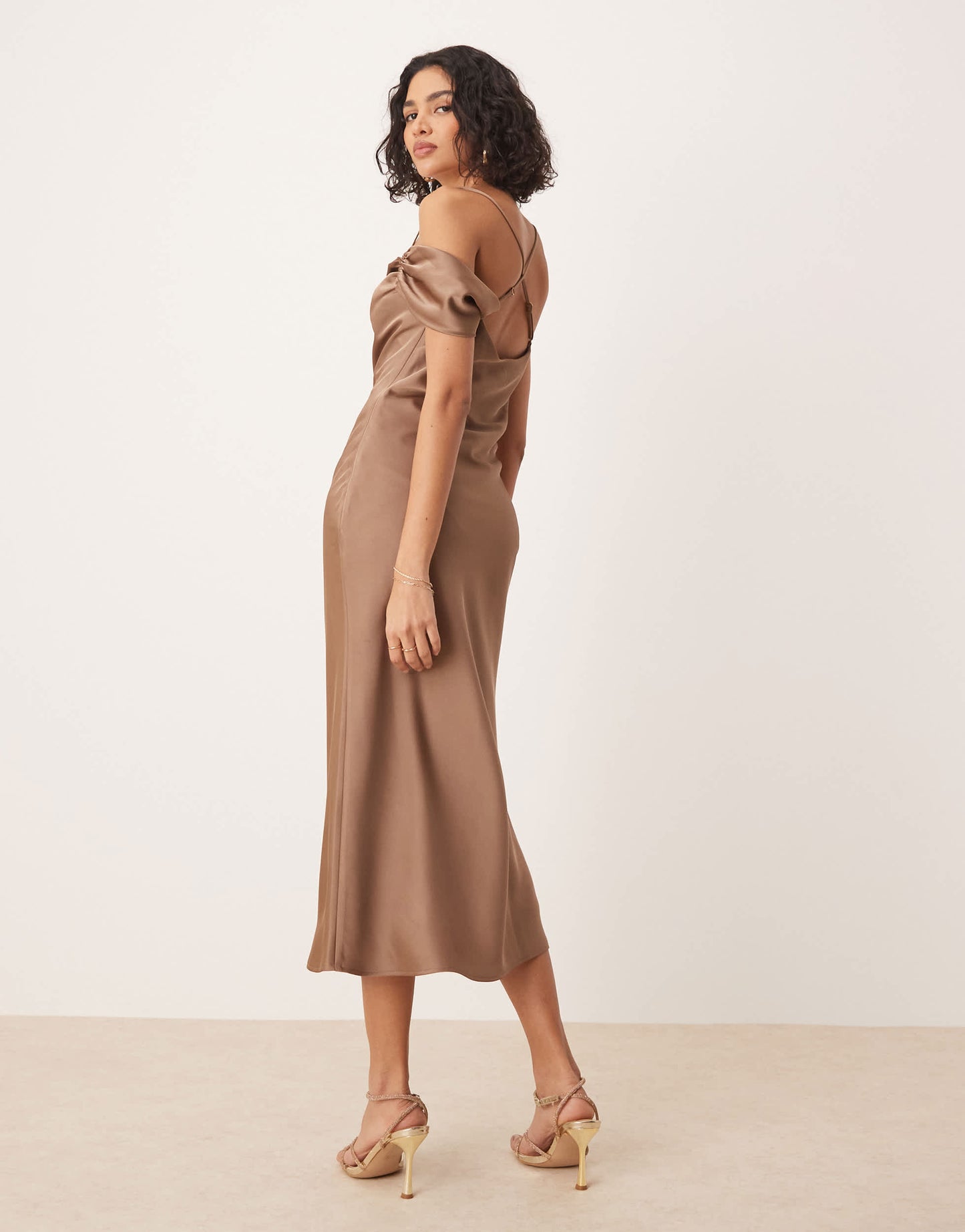Pretty Lavish asymmetric cowl satin midaxi slip dress in mocha