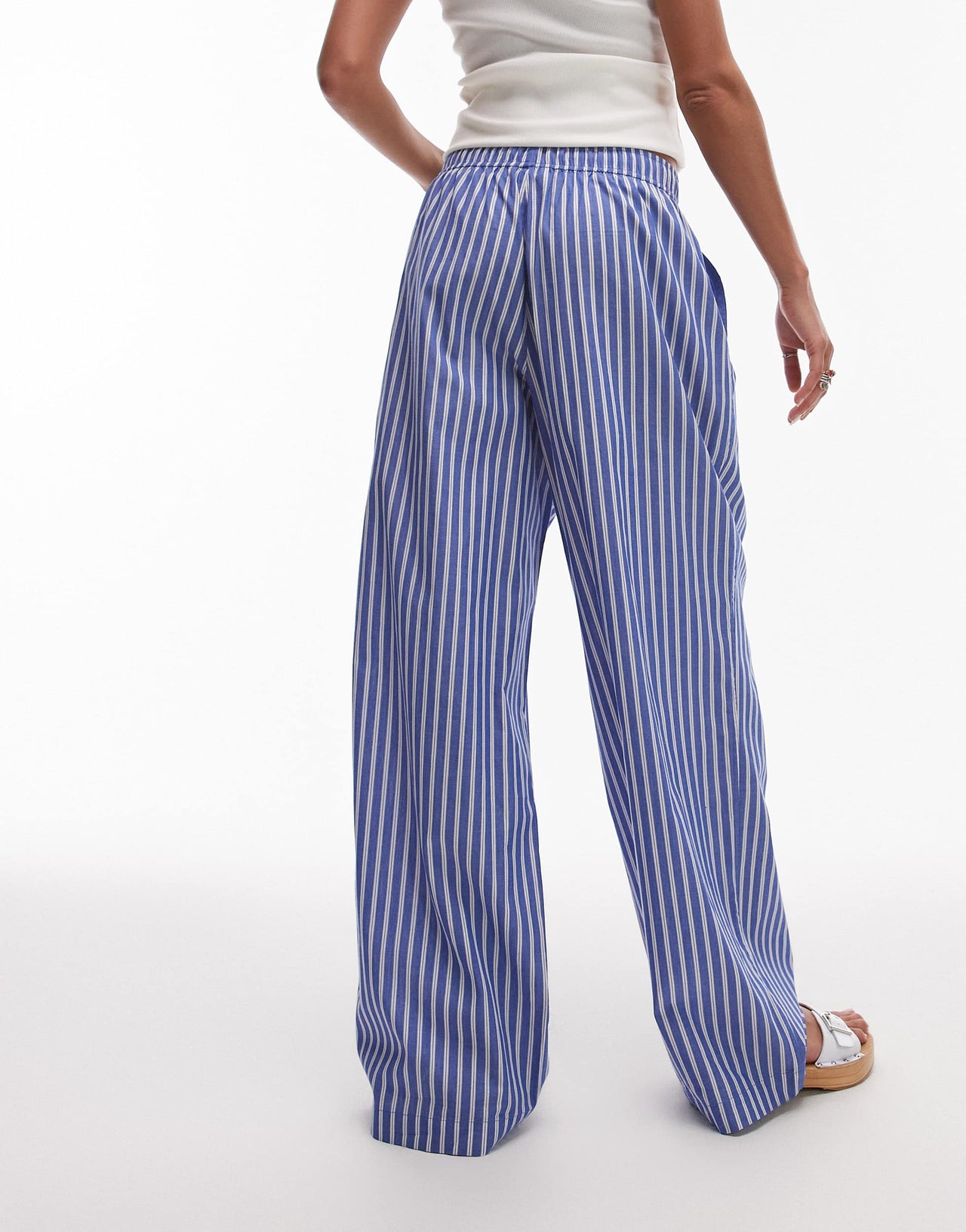Topshop poplin pull on wide leg trouser in dark blue stripe