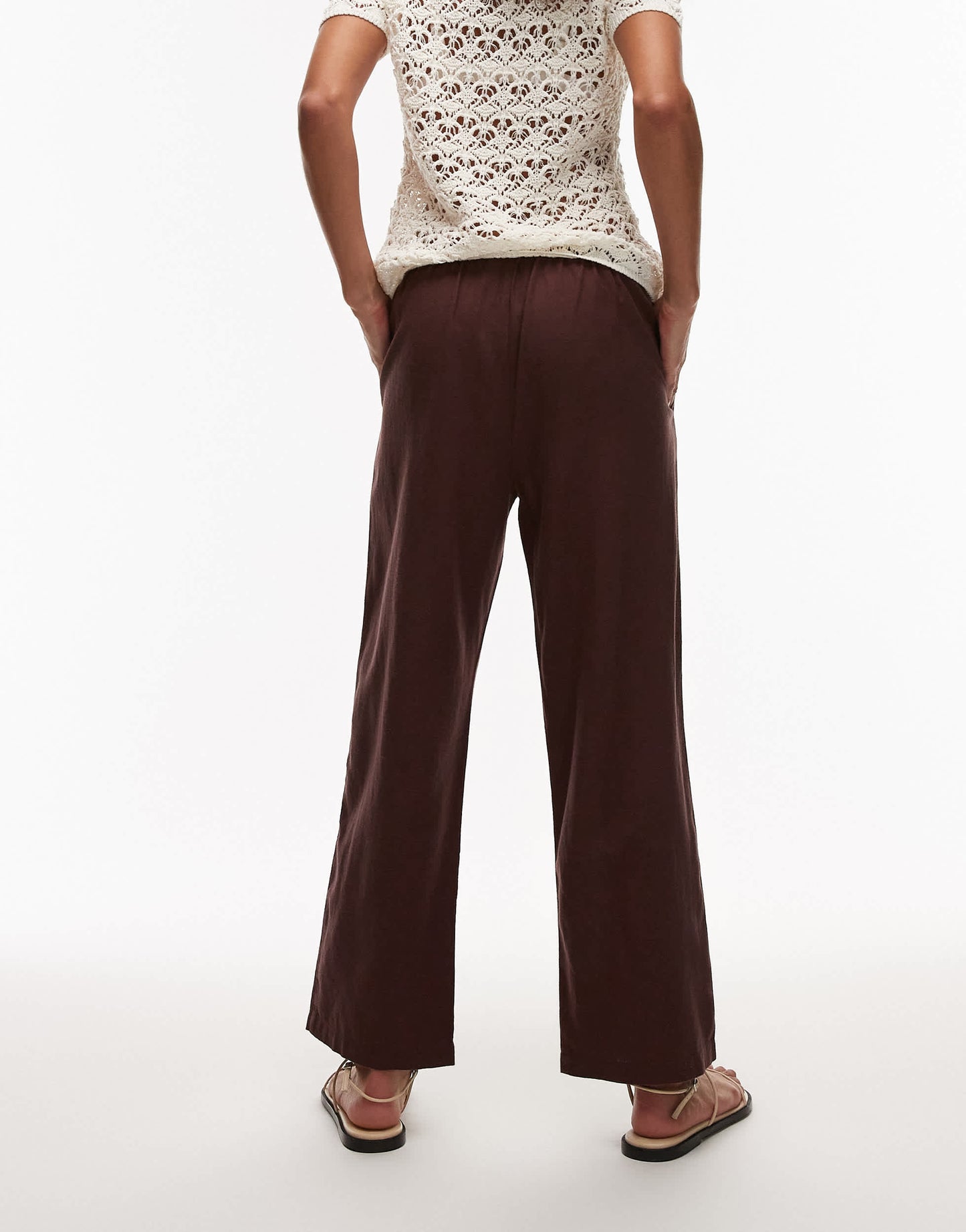 Topshop mid rise linen awkward length trouser in chocolate