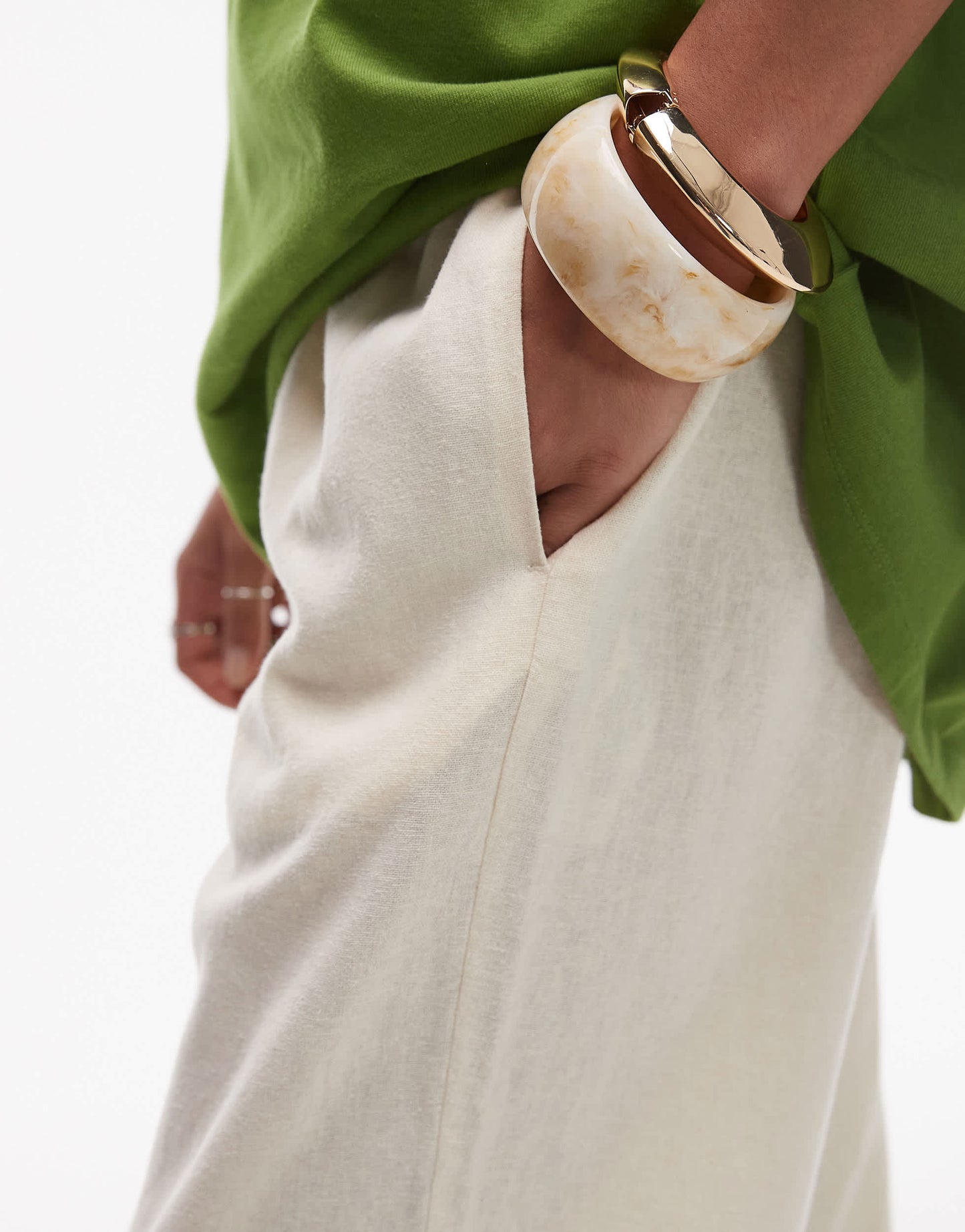 Topshop mid rise linen awkward length trouser in buttermilk