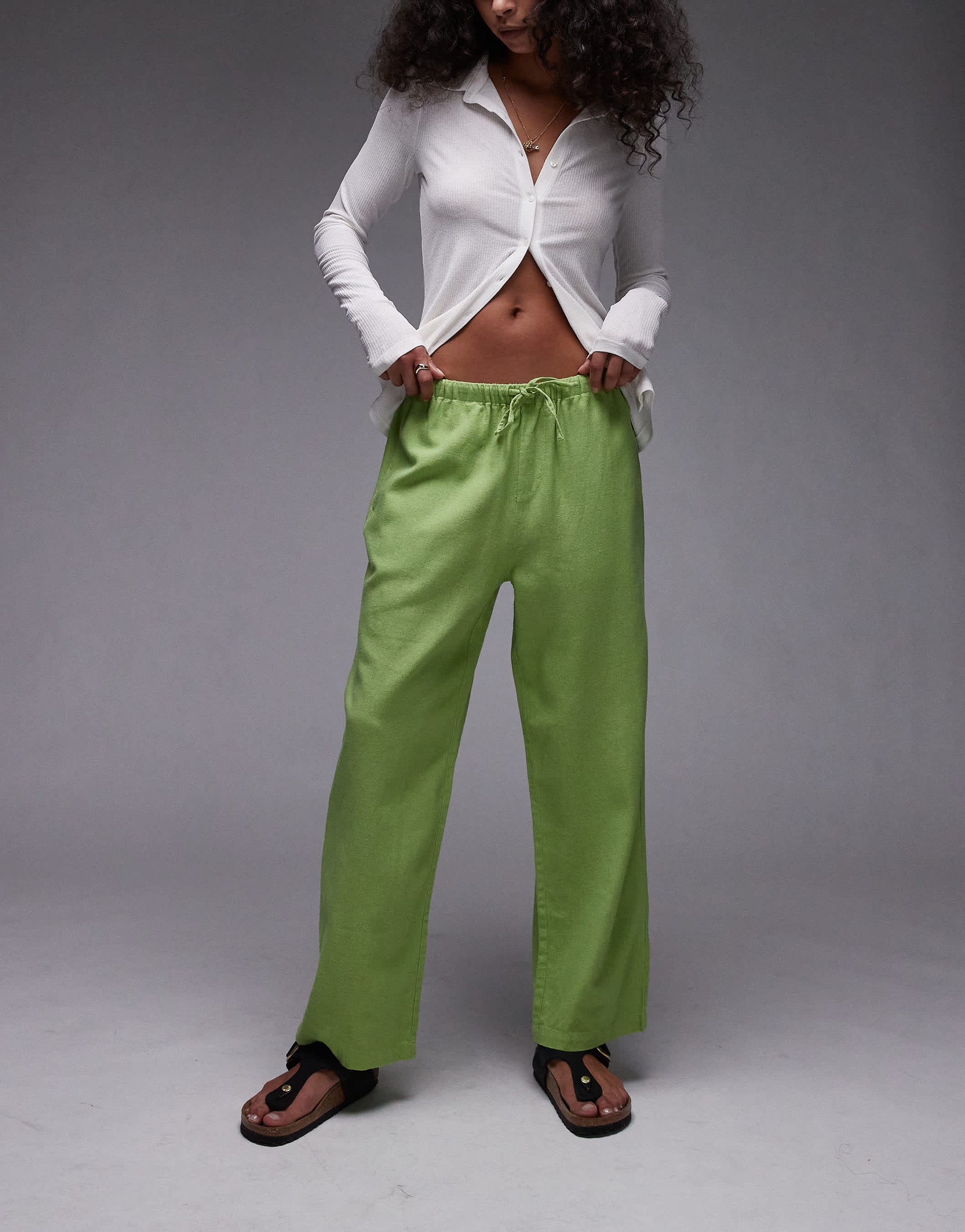 Topshop mid rise linen awkward length trouser in green