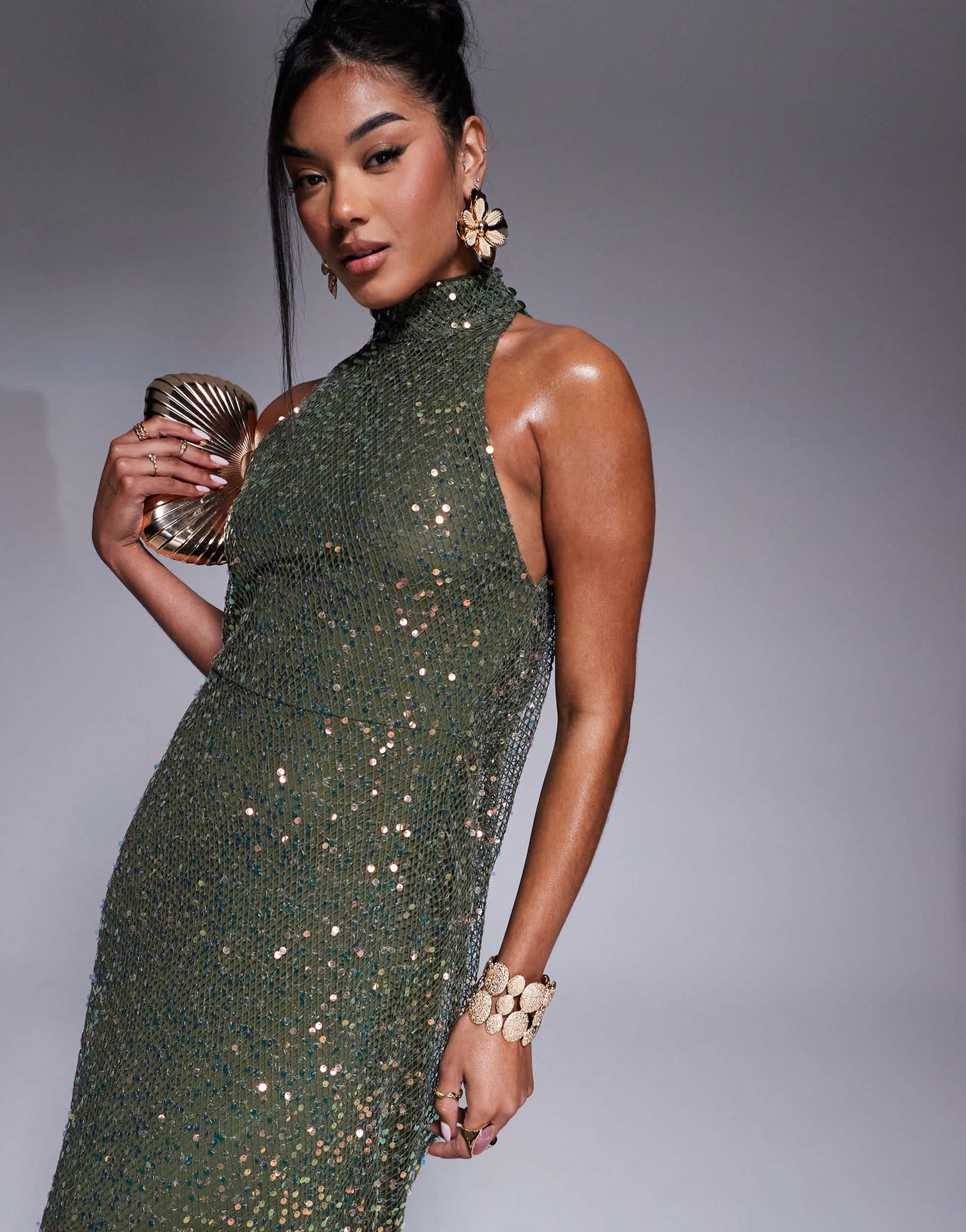 ASOS DESIGN open knit sequin halterneck maxi dress with twisted back detail in dark green
