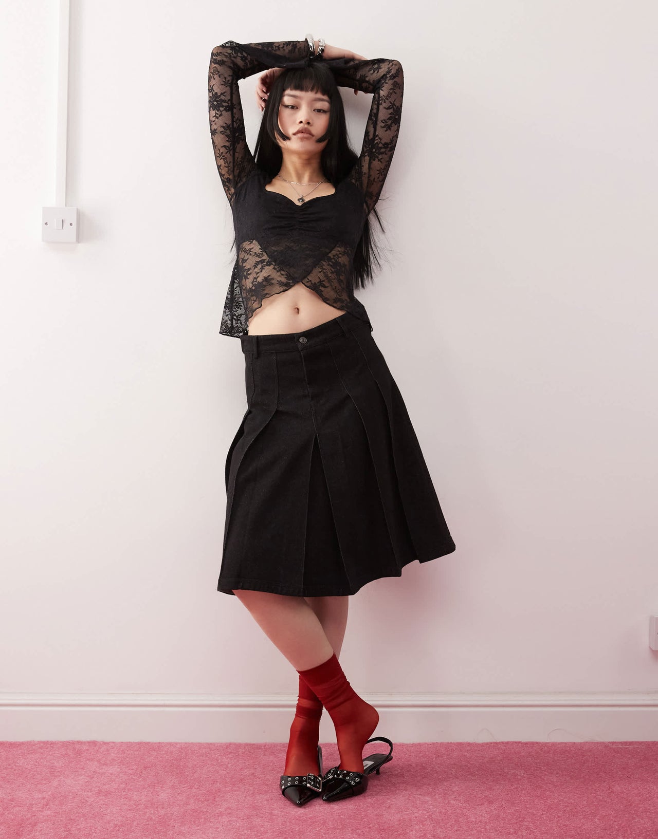 Motel mandira long sleeve lace wrap over top in black
