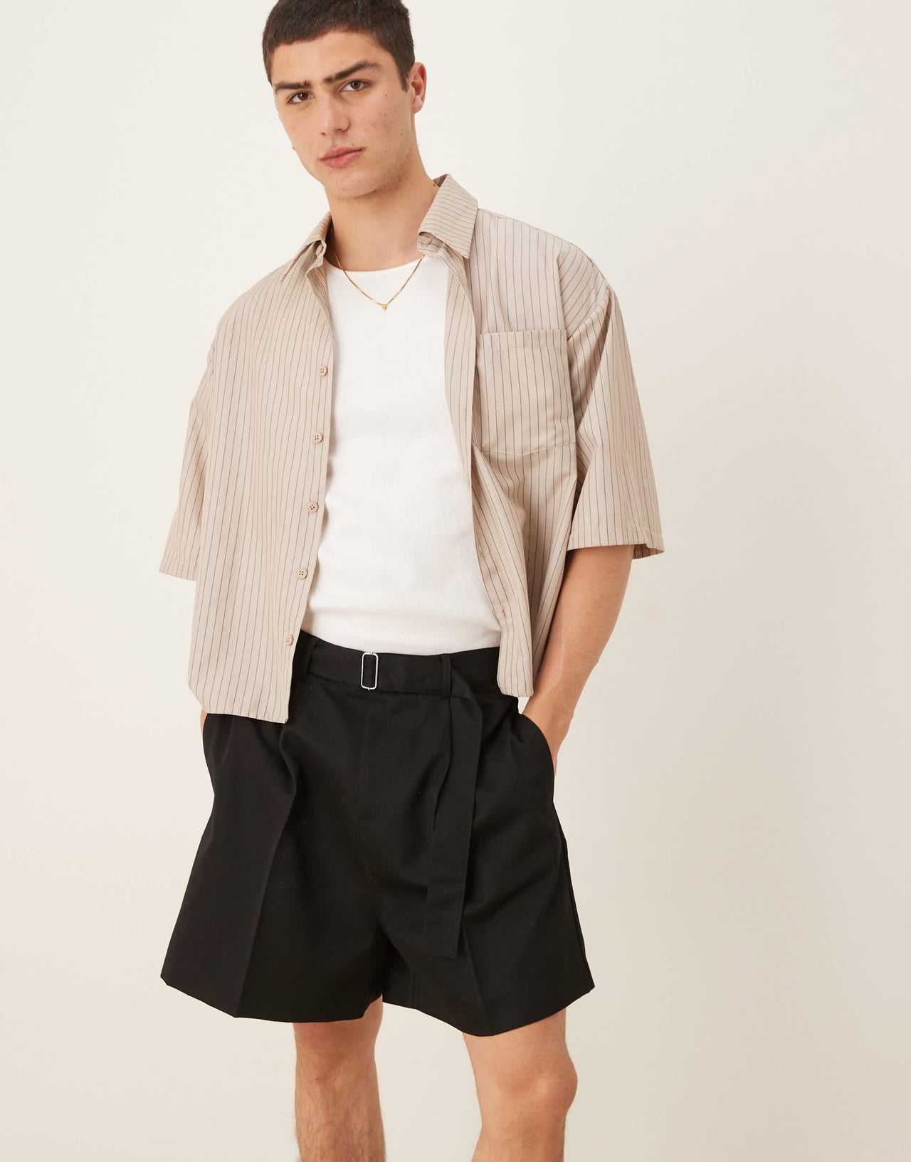 ASOS DESIGN smart bermuda shorts with front pleat and belt detail in black