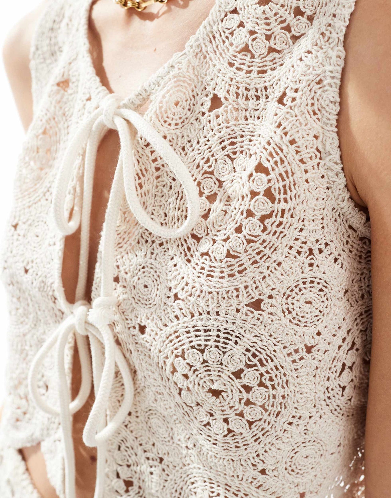 4th & Reckless floral crochet tie front waistcoat beach top co-ord in beige