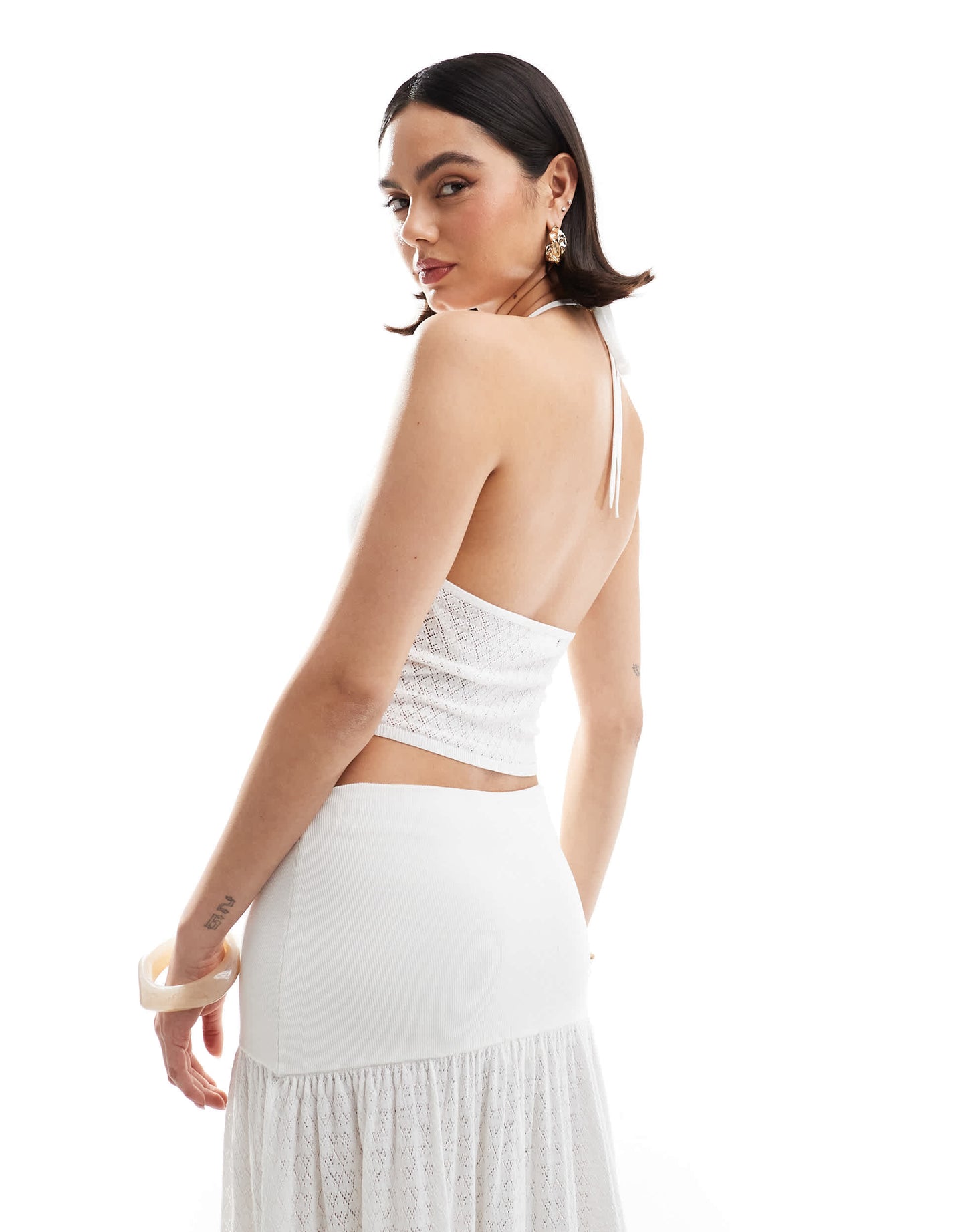 4th & Reckless knitted halterneck tie back beach cami top co-ord in white