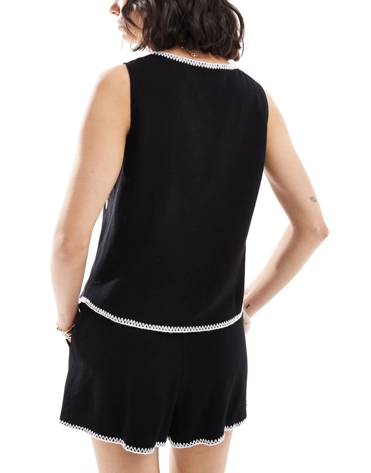 4th & Reckless tie front palm embroidered linen blend waistcoat co-ord in black