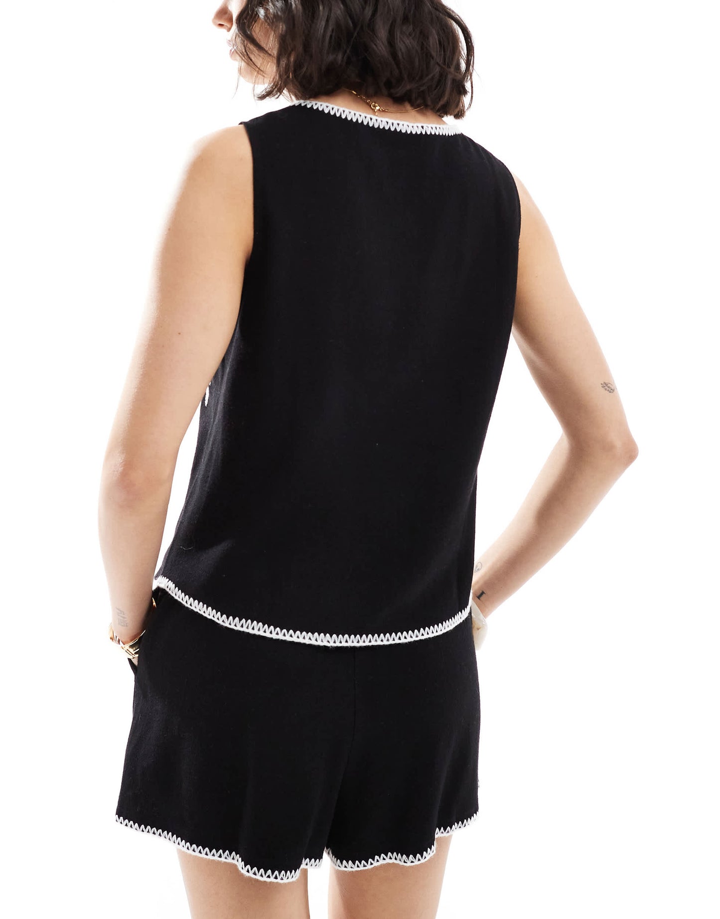 4th & Reckless tie front palm embroidered linen blend waistcoat co-ord in black