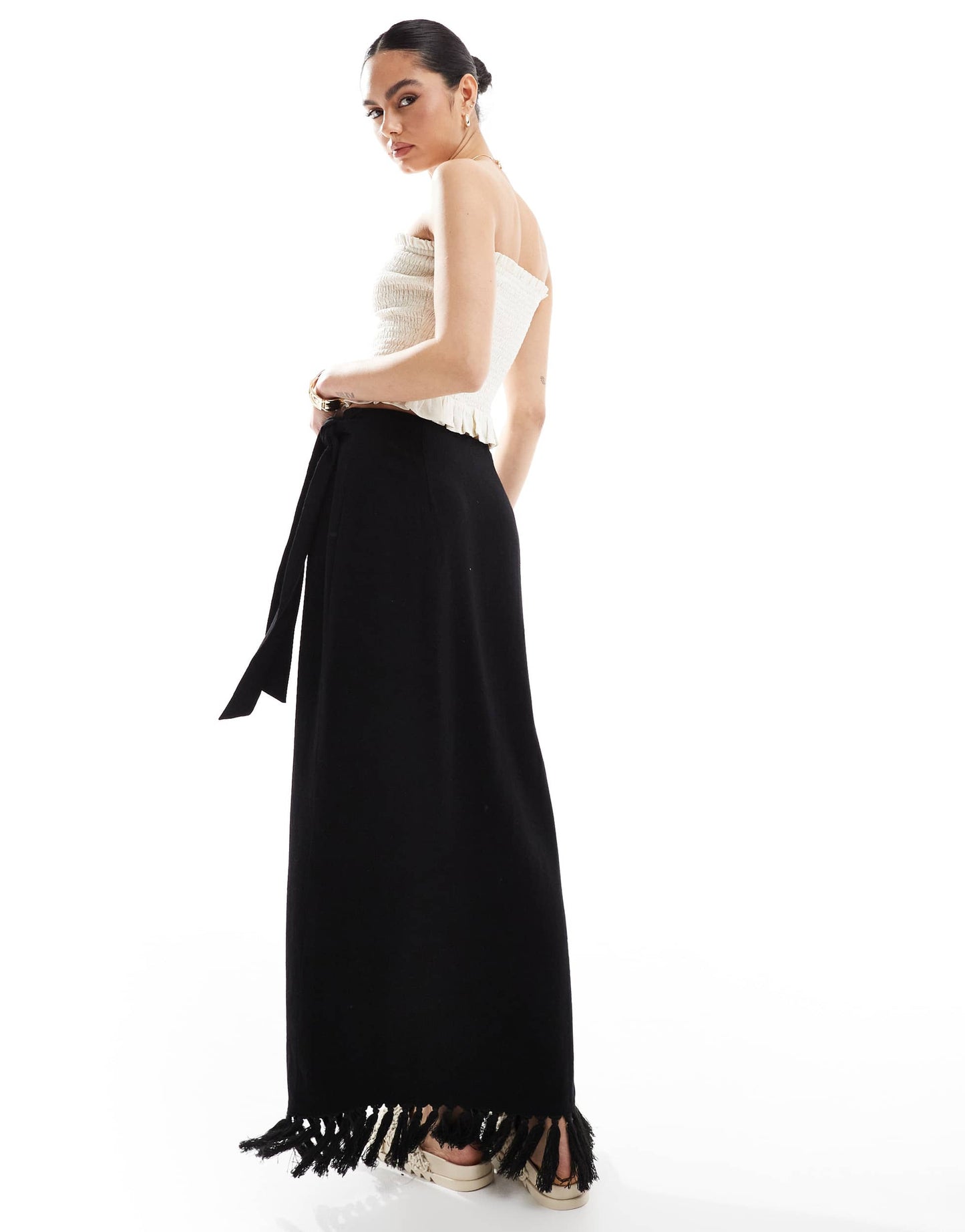 4th & Reckless linen blend wrap tie side fringed hem maxi skirt in black