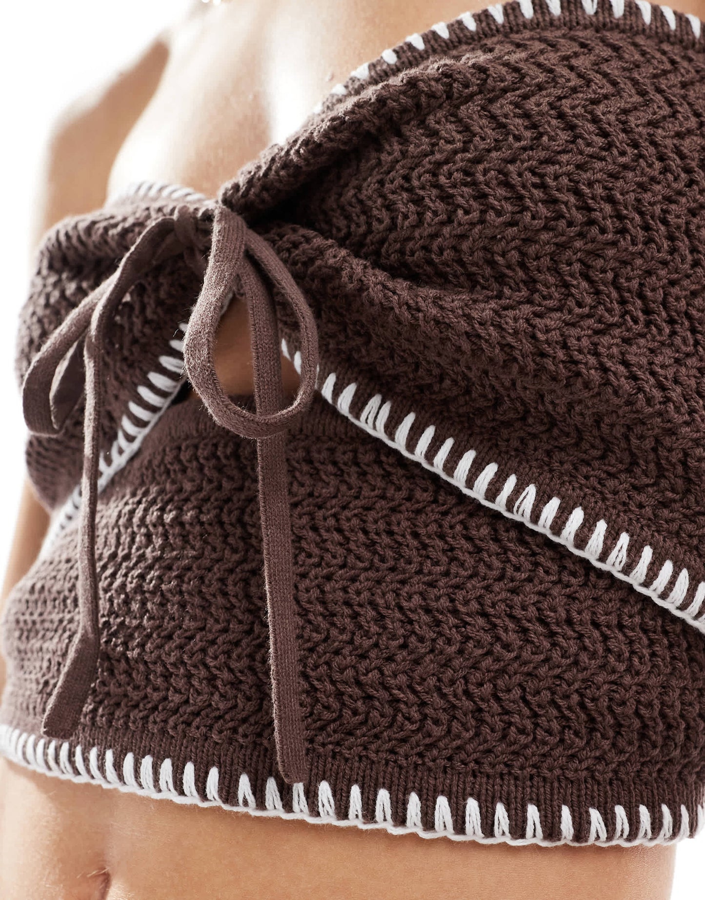 4th & Reckless knitted contrast stitch cut out bandeau beach top co-ord in chocolate