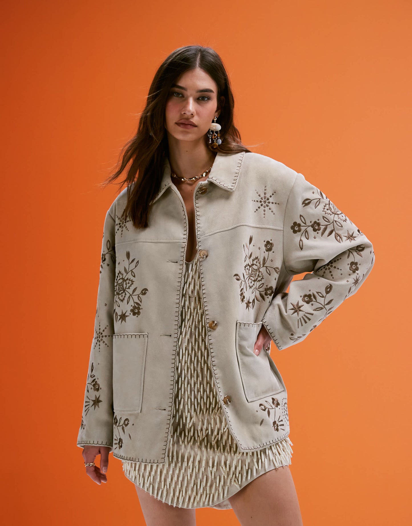 ASOS DESIGN real suede embroidered jacket in stone