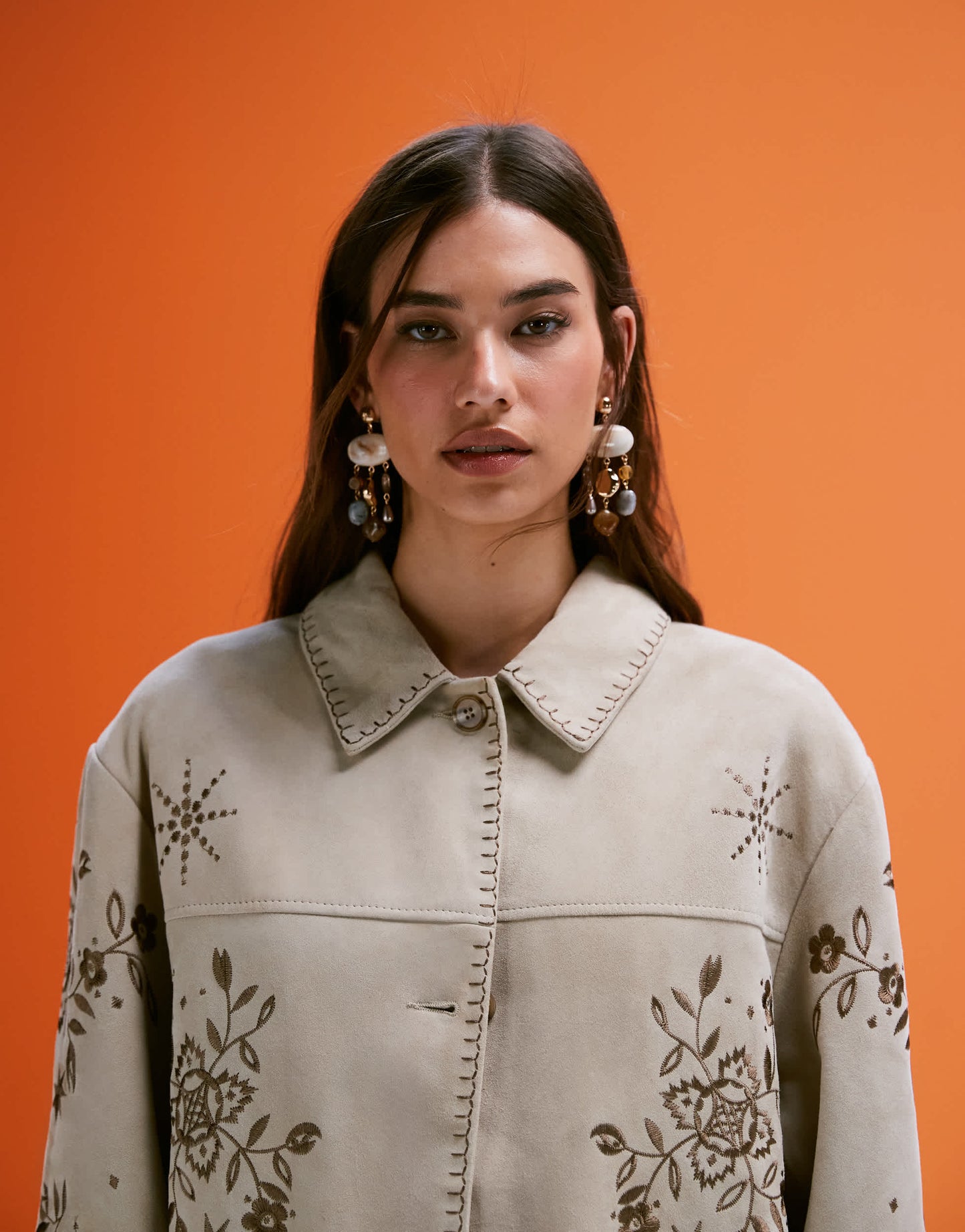 ASOS DESIGN real suede embroidered jacket in stone
