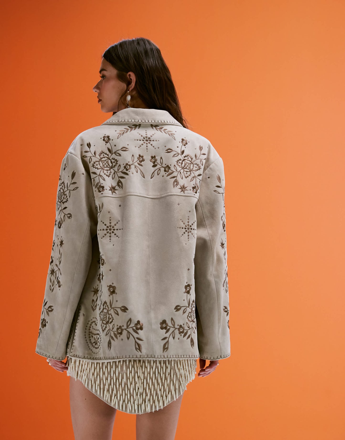 ASOS DESIGN real suede embroidered jacket in stone