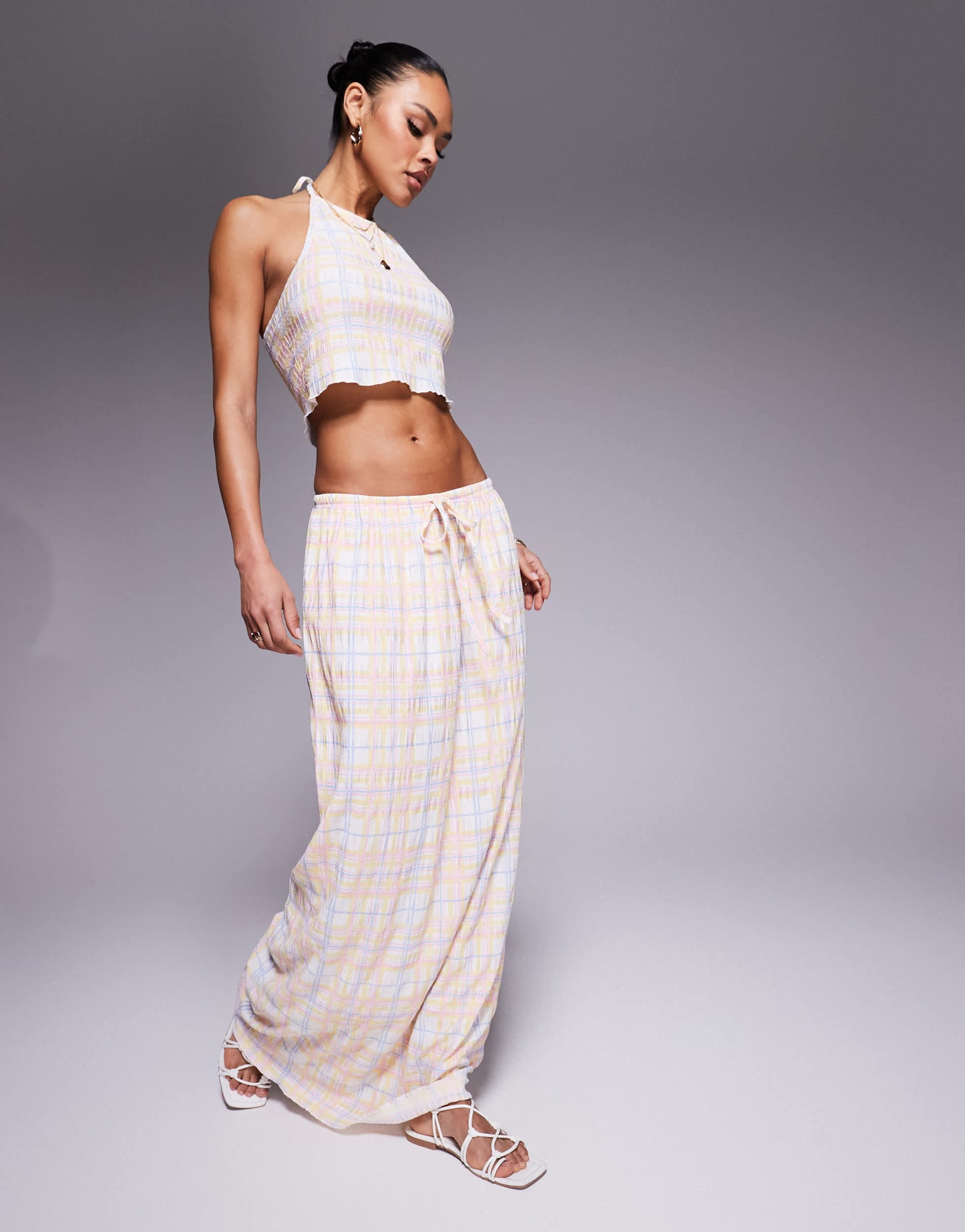 Kaiia exclusive tie waist textured maxi skirt co-ord in multicolour check