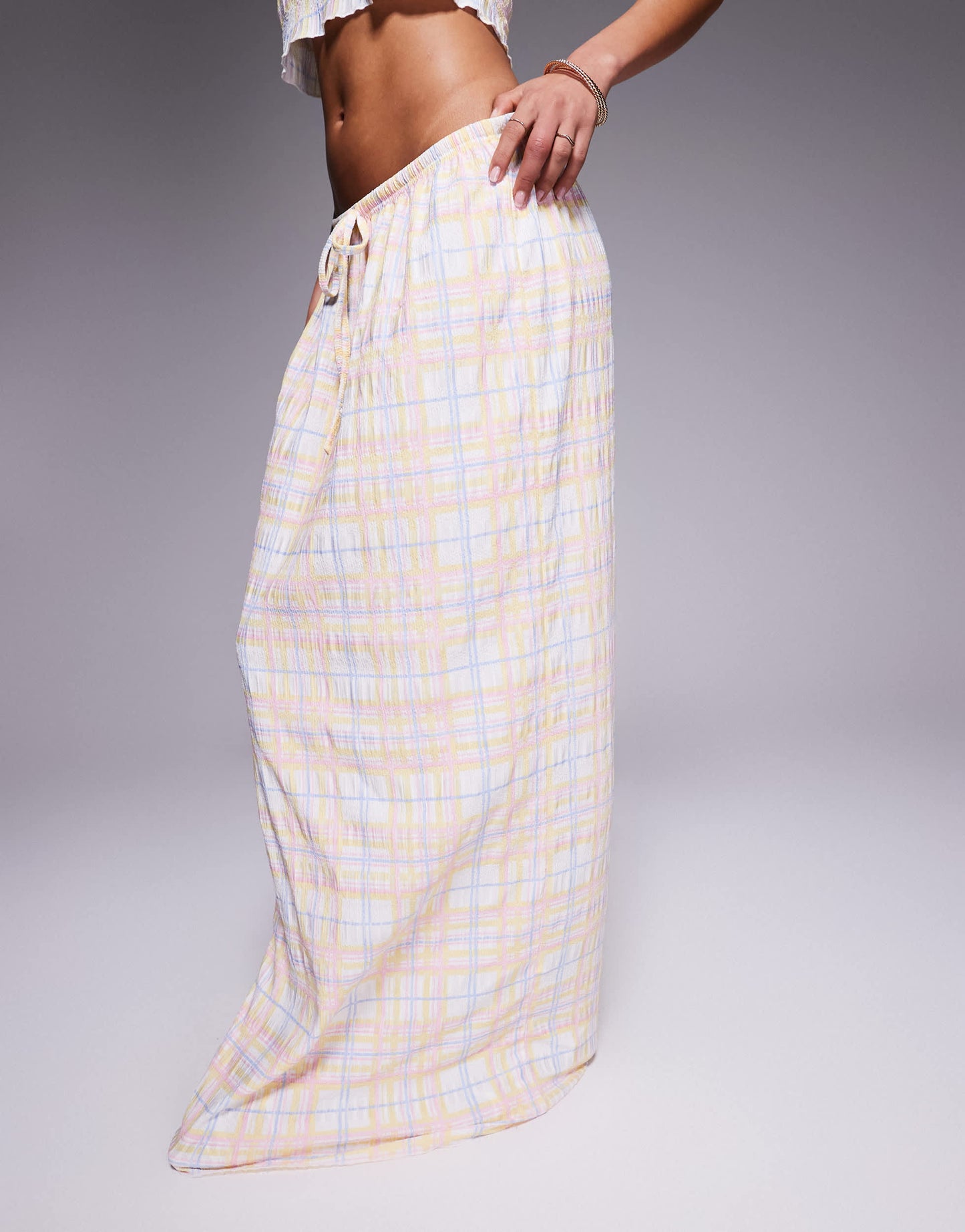 Kaiia exclusive tie waist textured maxi skirt co-ord in multicolour check