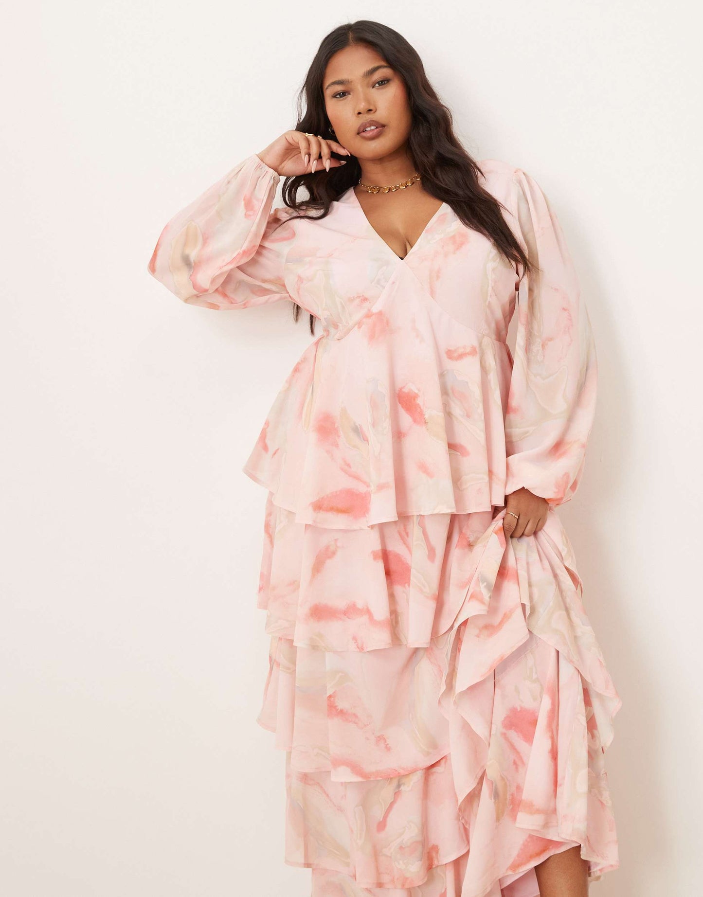 Pretty Lavish Curve long sleeve ruffle maxi dress in pink and brown ombre