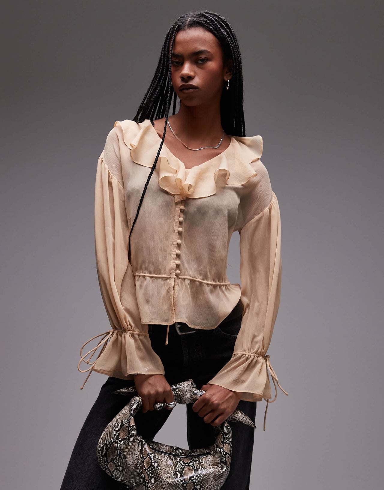 Topshop sheer ruffle tie front top in beige
