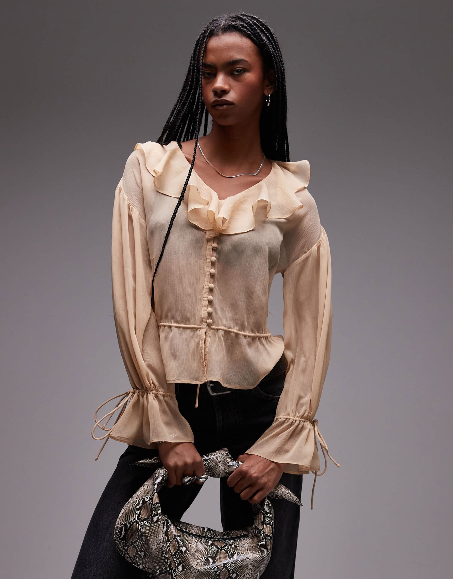 Topshop sheer ruffle tie front top in beige