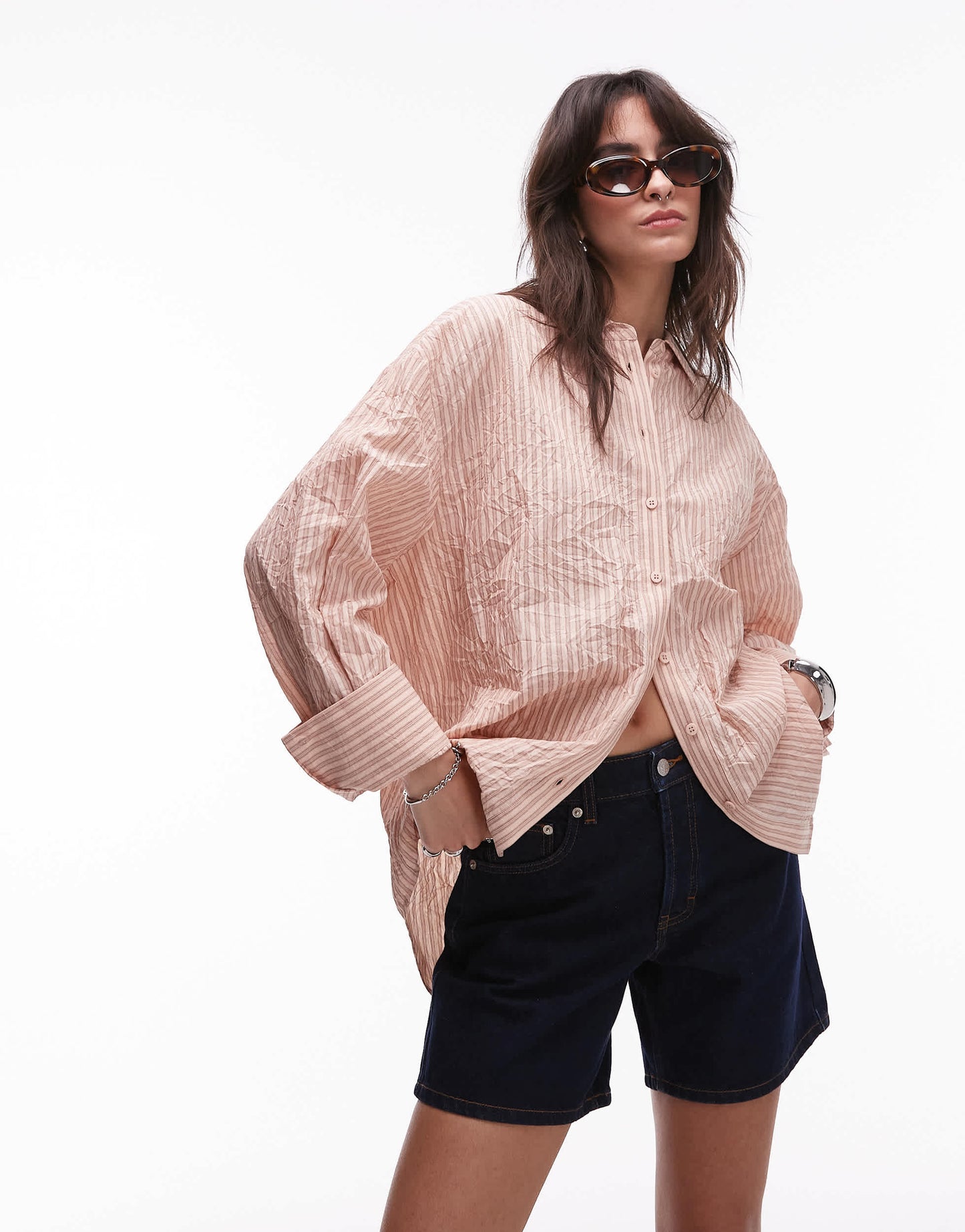 Topshop crinkle textured shirt in peach and brown stripe