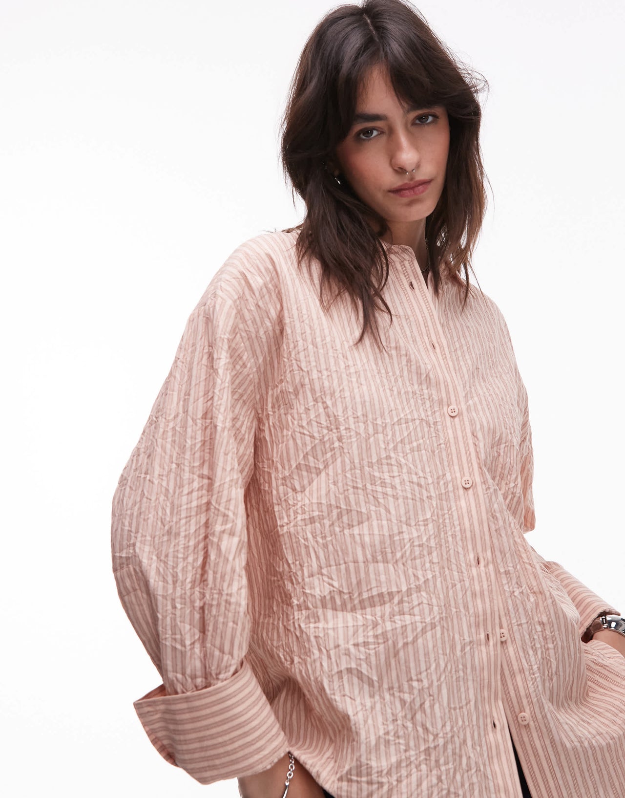 Topshop crinkle textured shirt in peach and brown stripe