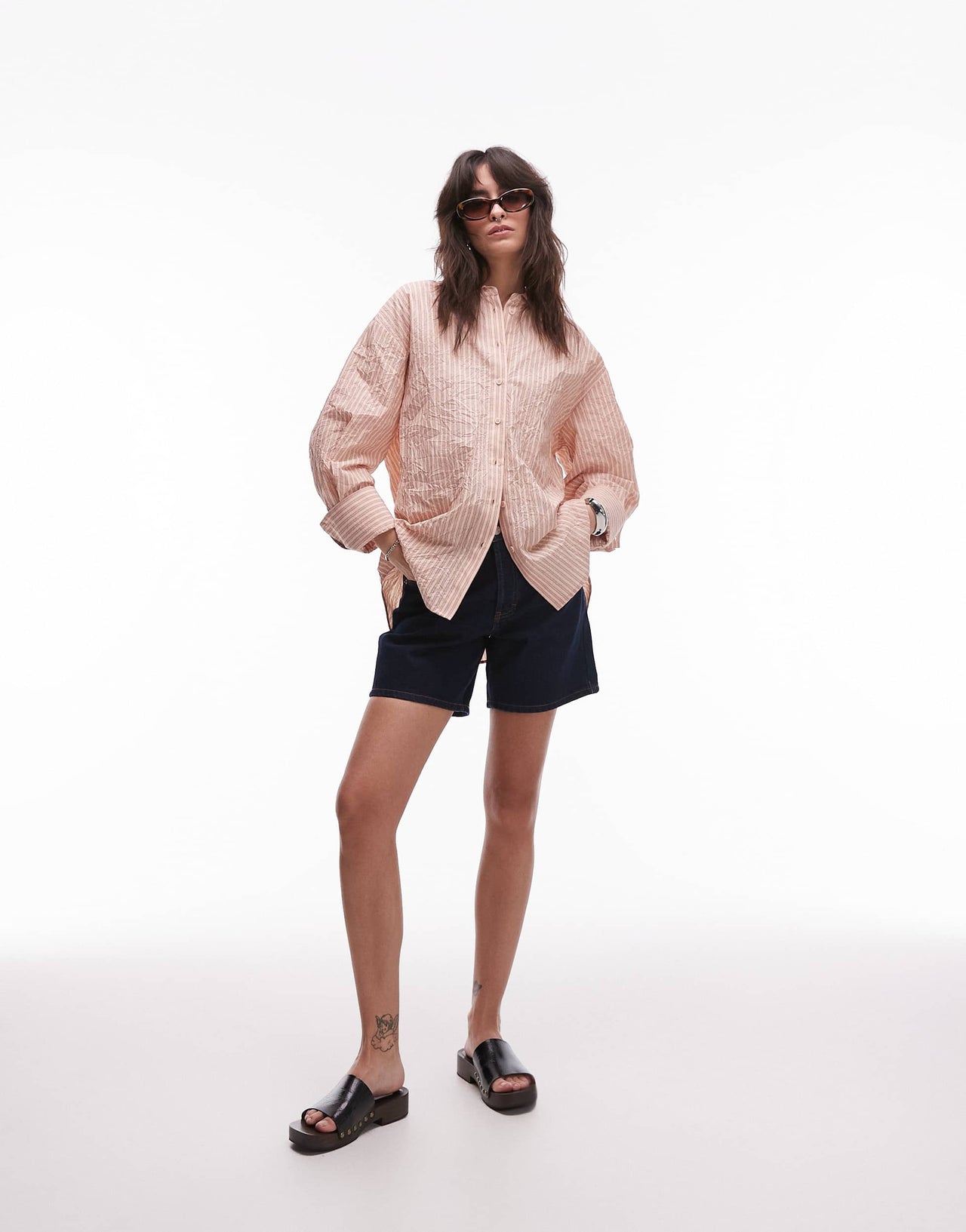 Topshop crinkle textured shirt in peach and brown stripe
