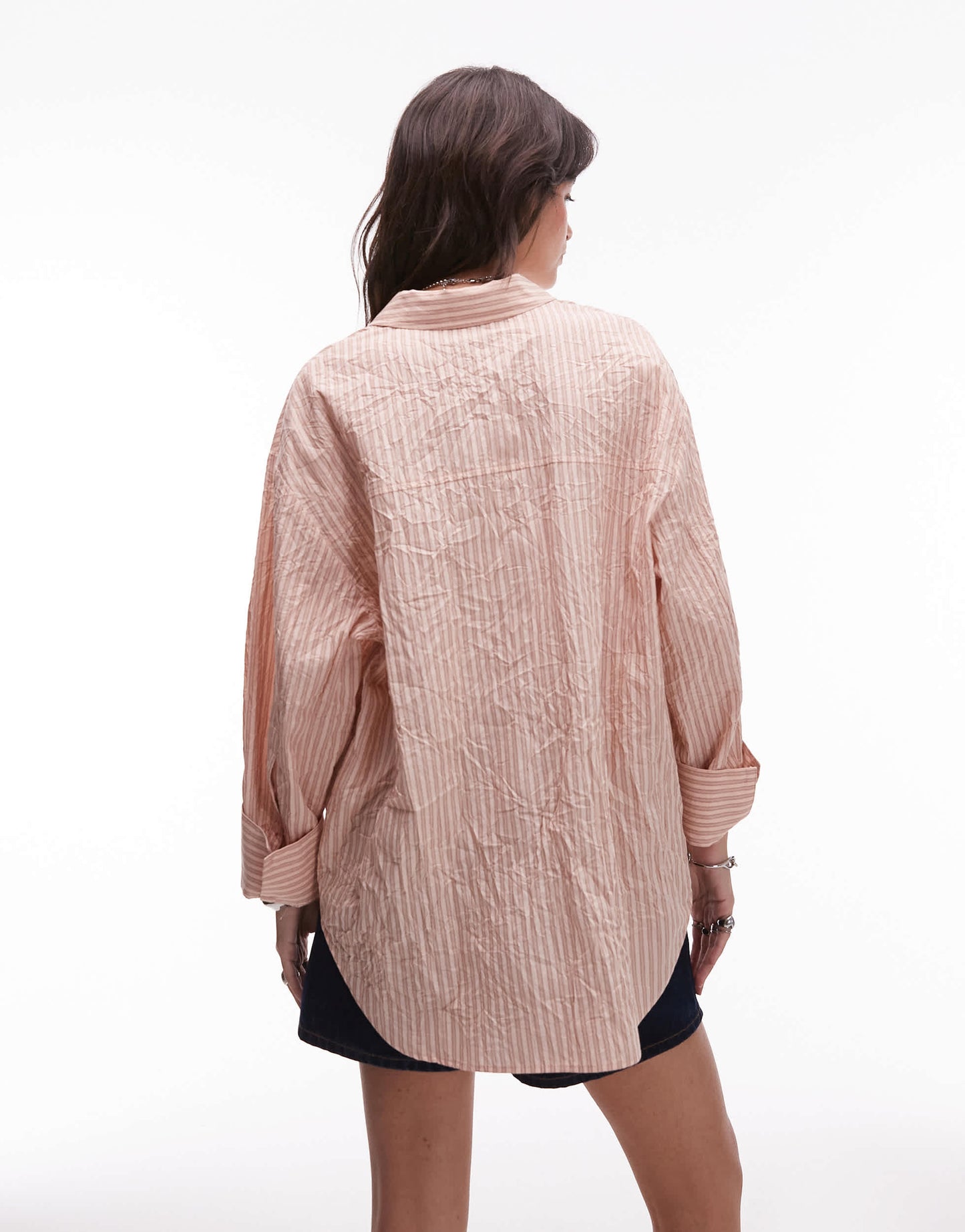 Topshop crinkle textured shirt in peach and brown stripe