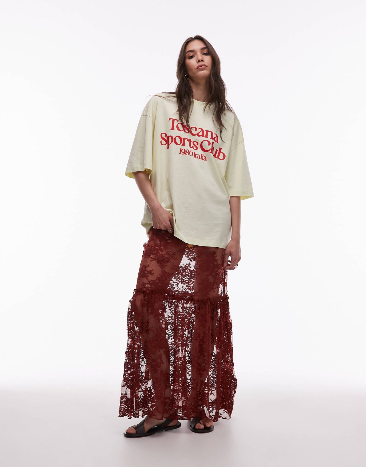 Topshop ruffle seam sheer lace maxi skirt in brown