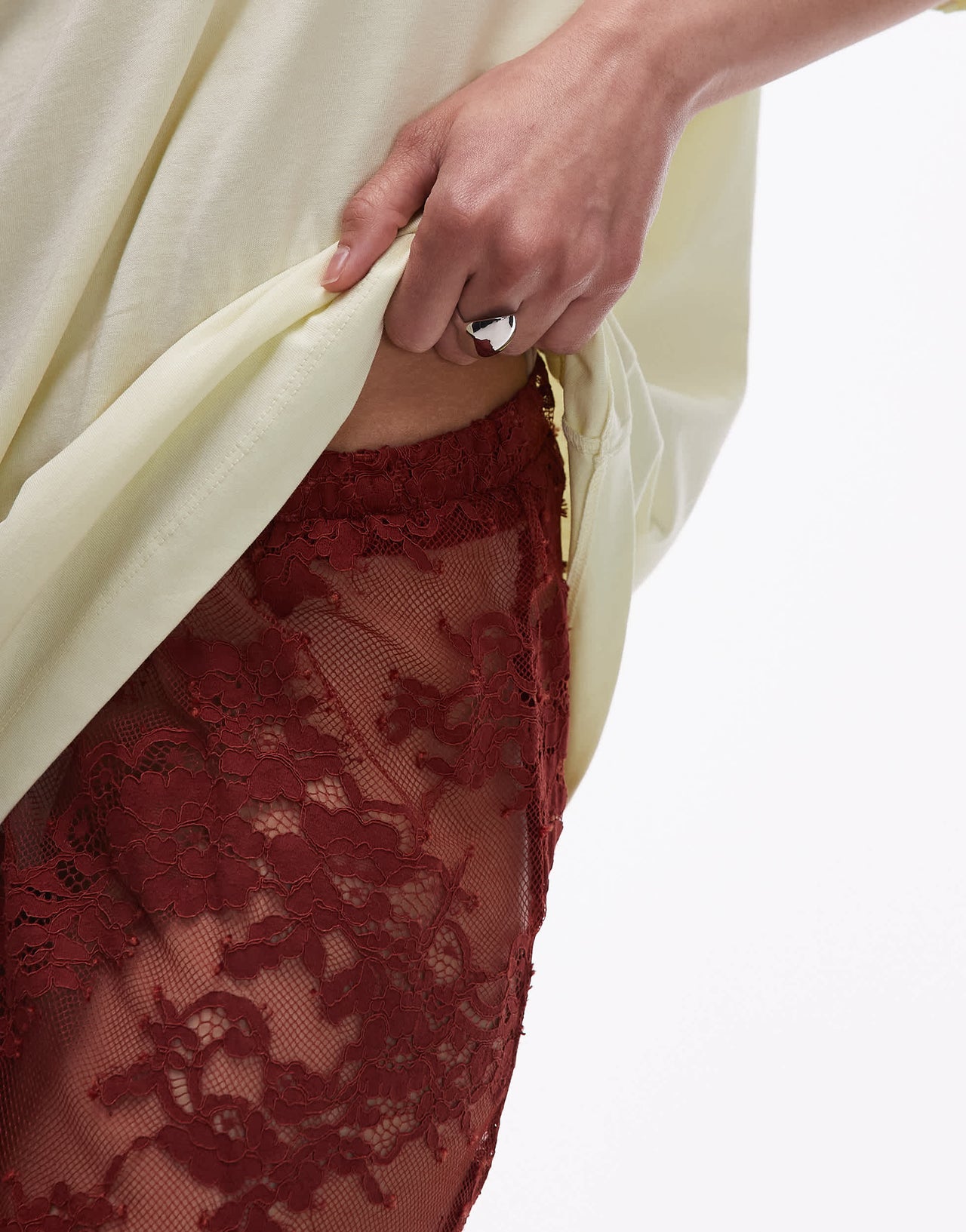 Topshop ruffle seam sheer lace maxi skirt in brown