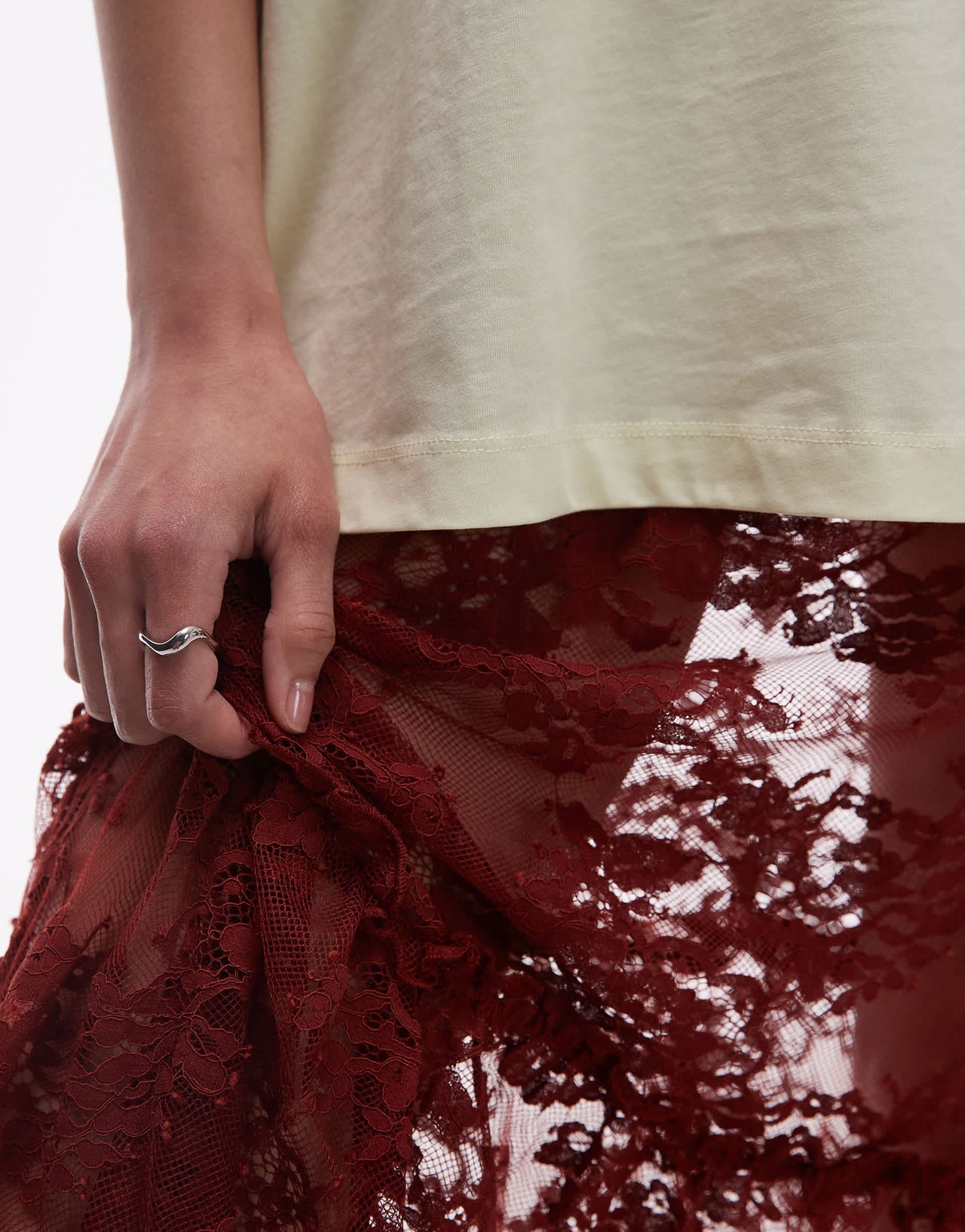 Topshop ruffle seam sheer lace maxi skirt in brown